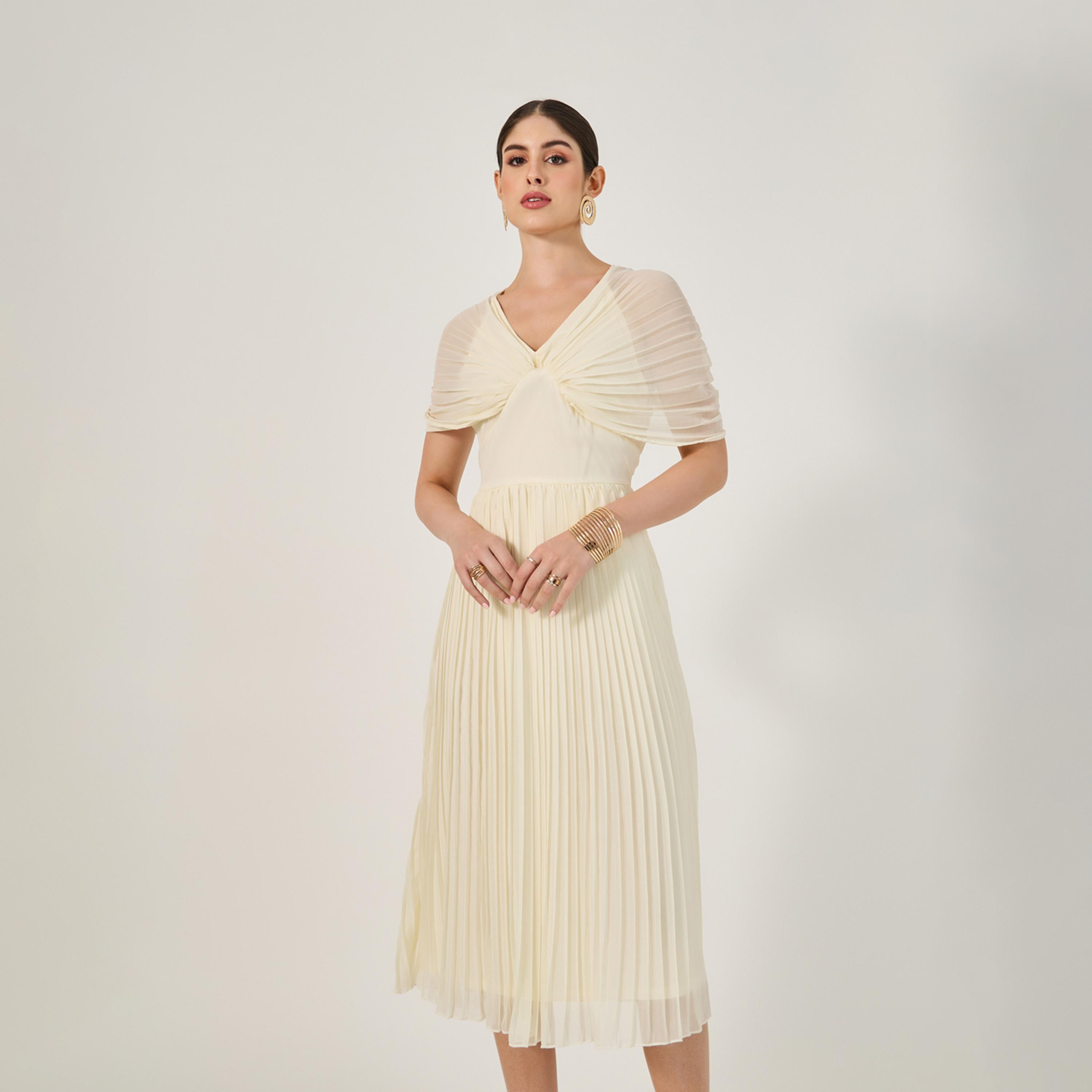 Styli Pleated V-Neck A-Line Midi Dress-women-clothing-dresses-image-3
