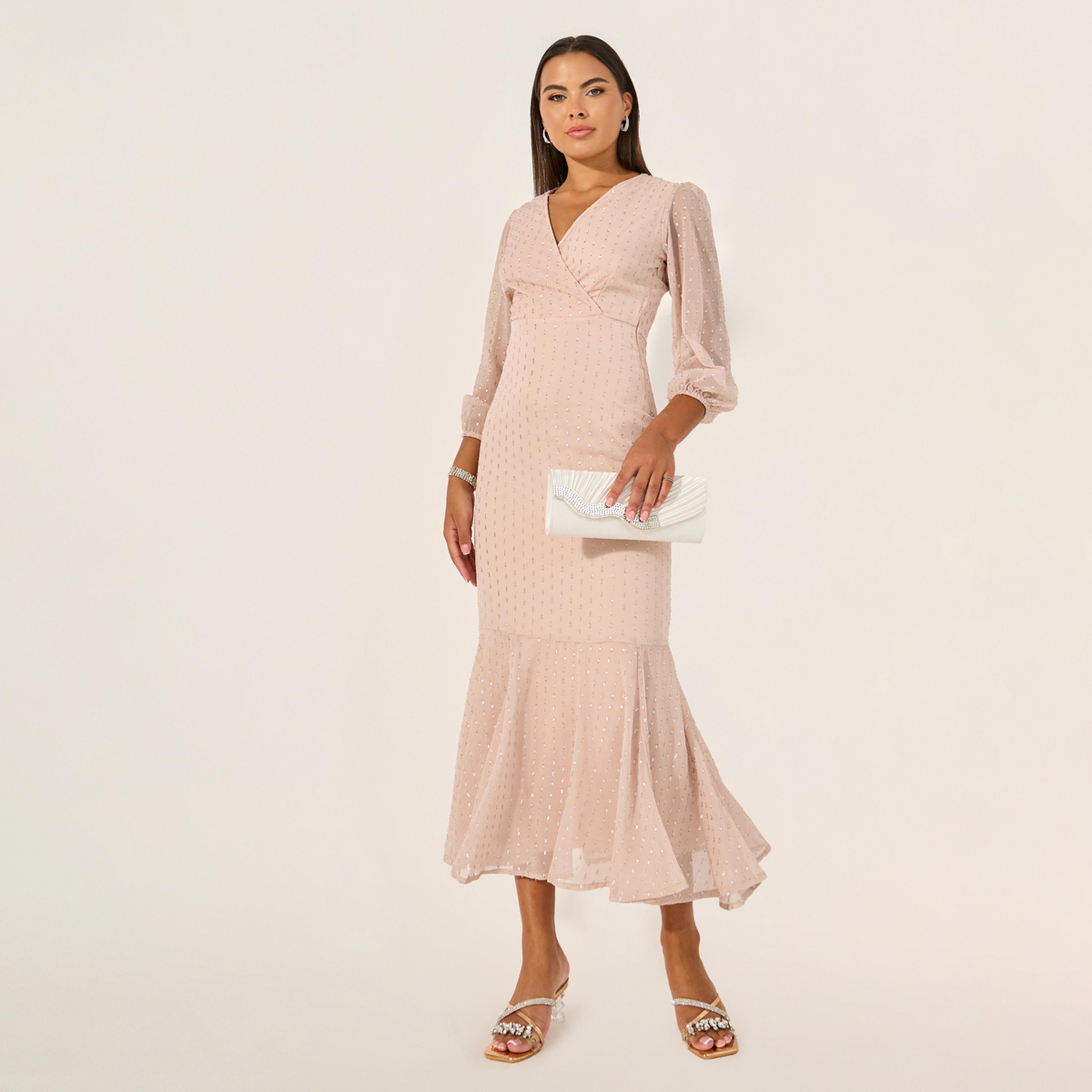 Styli Dobby Design Balloon Sleeves Mermaid Maxi Dress-women-clothing-dresses-image-2