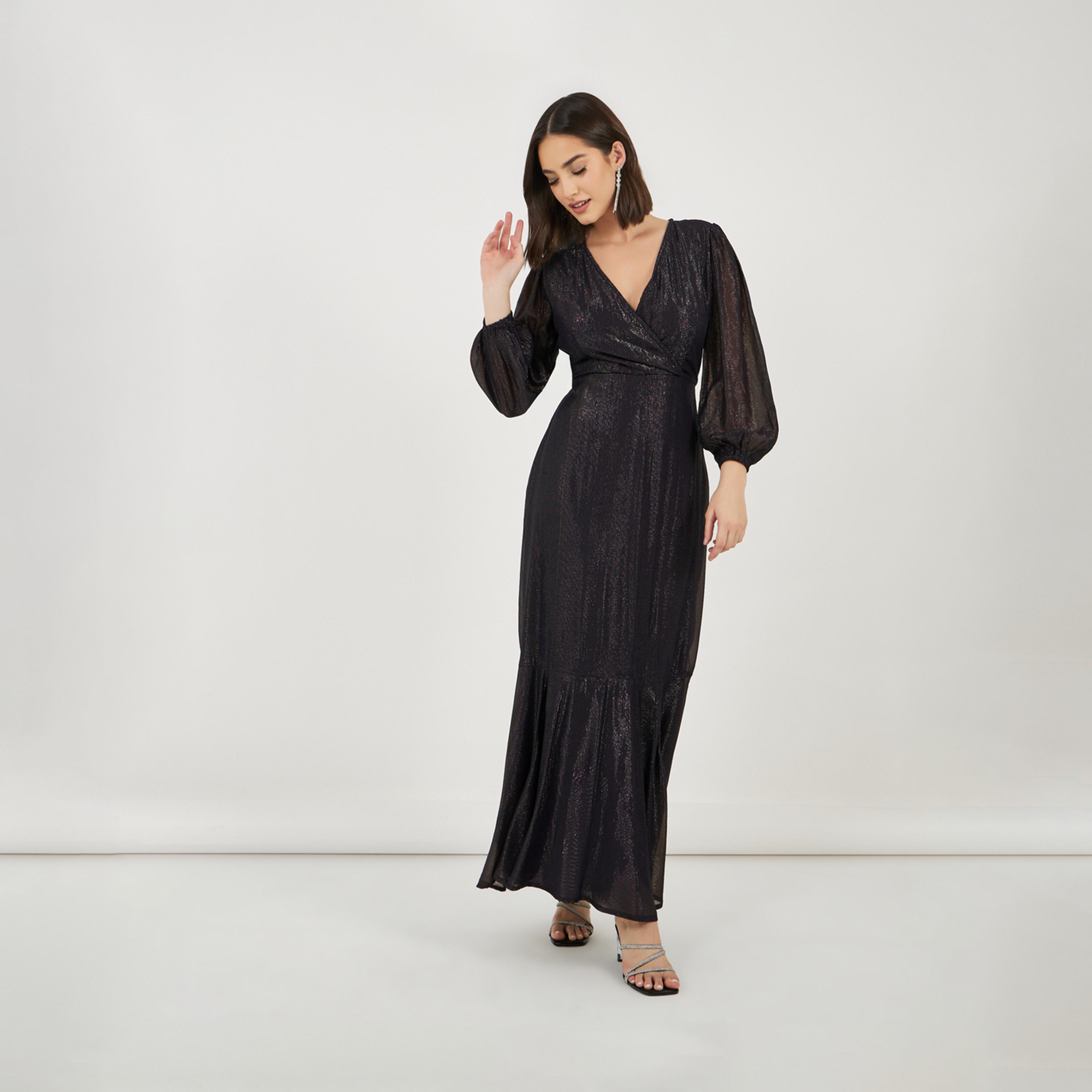 Styli Textured Wrap Balloon Sleeve Mermaid Hem Maxi Dress-women-clothing-dresses-image-1