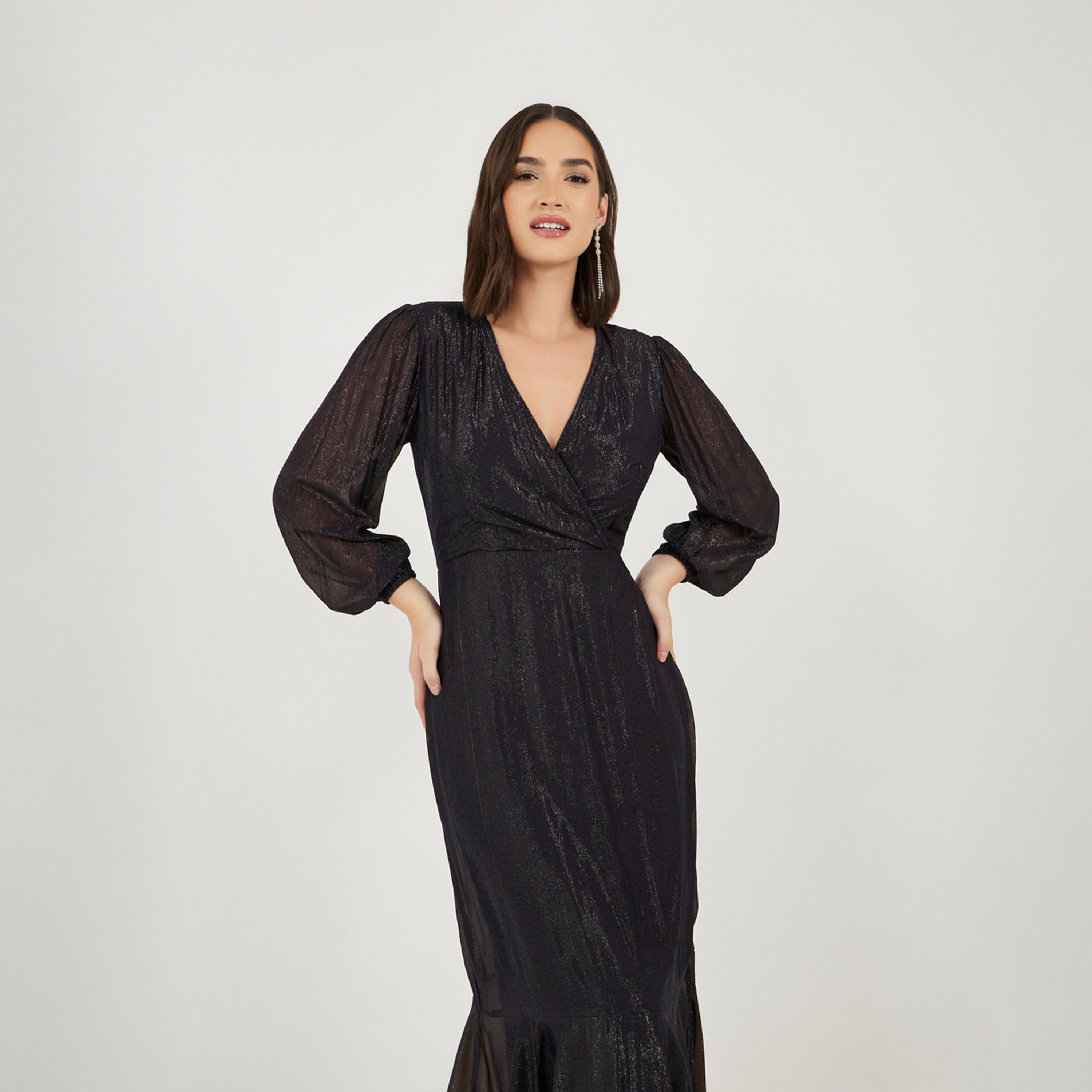 ستايلي - فستان ماكسي بتصميم ملفوف وأكمام منفوخة وحافة حورية البحر-women-clothing-dresses-image-2