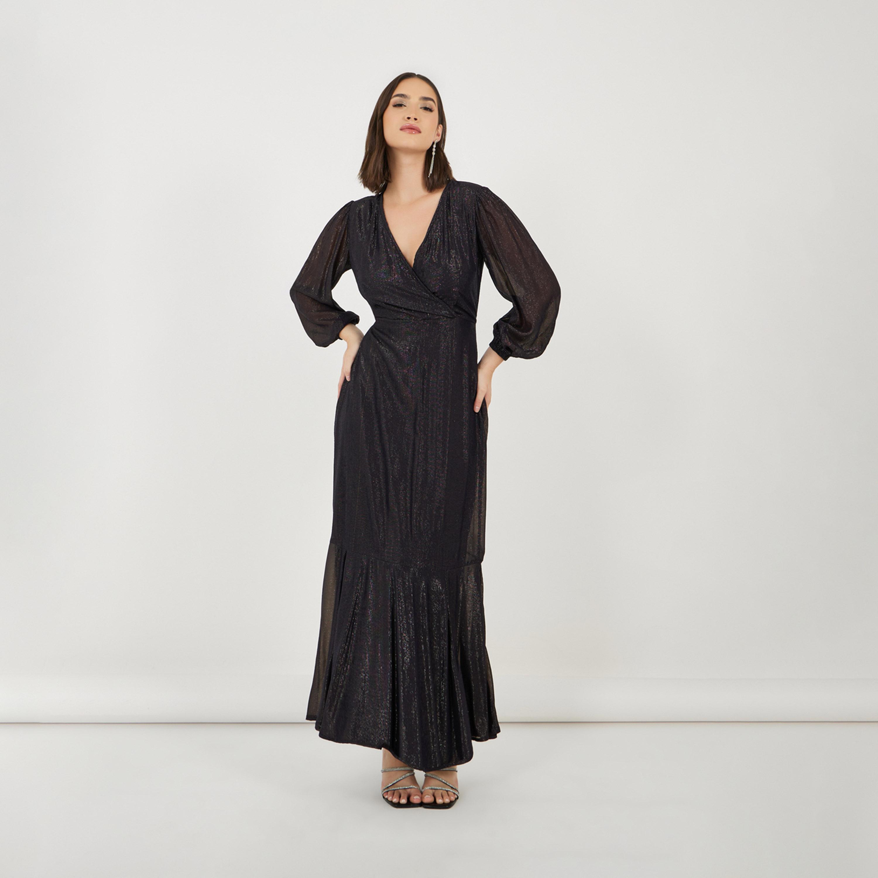 ستايلي - فستان ماكسي بتصميم ملفوف وأكمام منفوخة وحافة حورية البحر-women-clothing-dresses-image-3