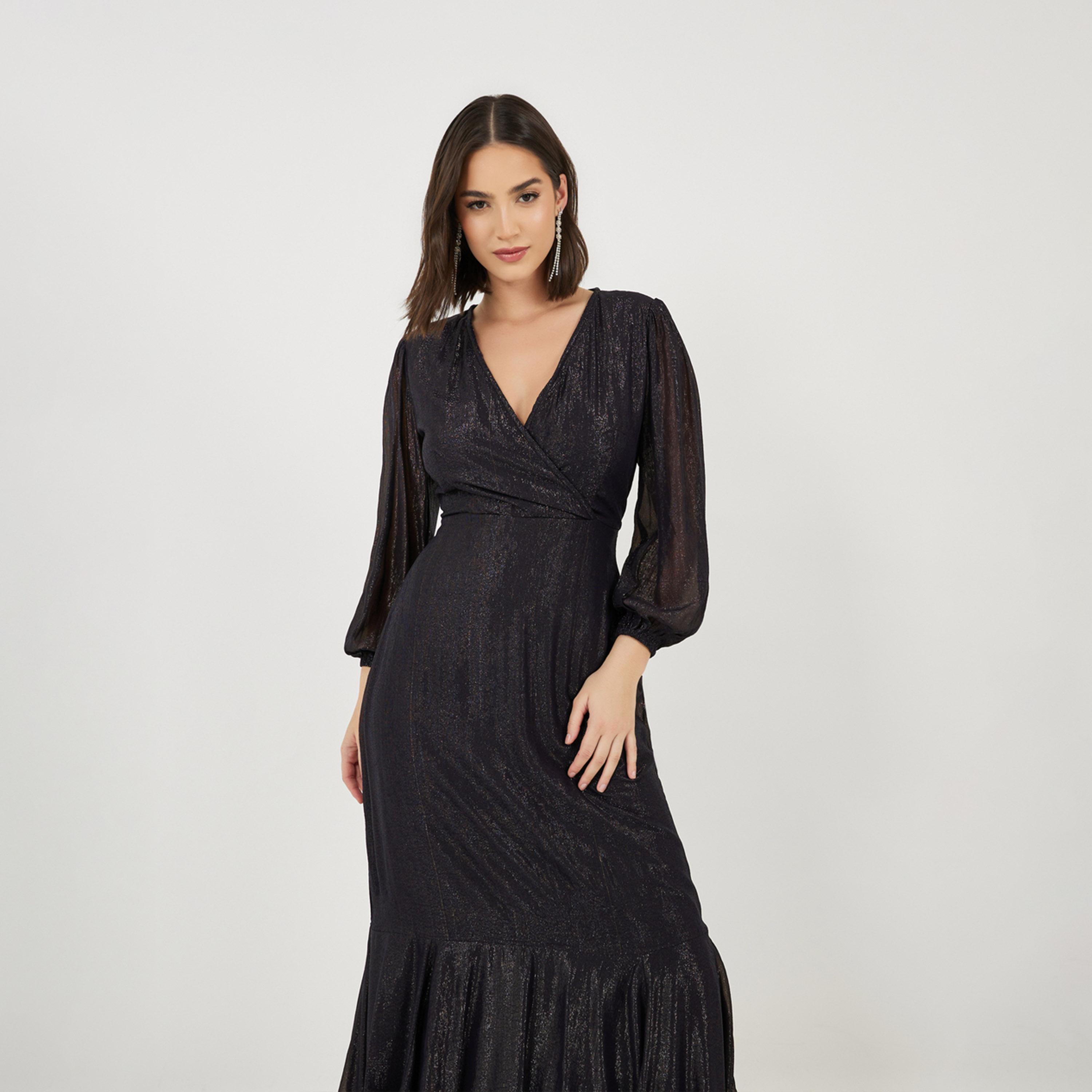 ستايلي - فستان ماكسي بتصميم ملفوف وأكمام منفوخة وحافة حورية البحر-women-clothing-dresses-image-4