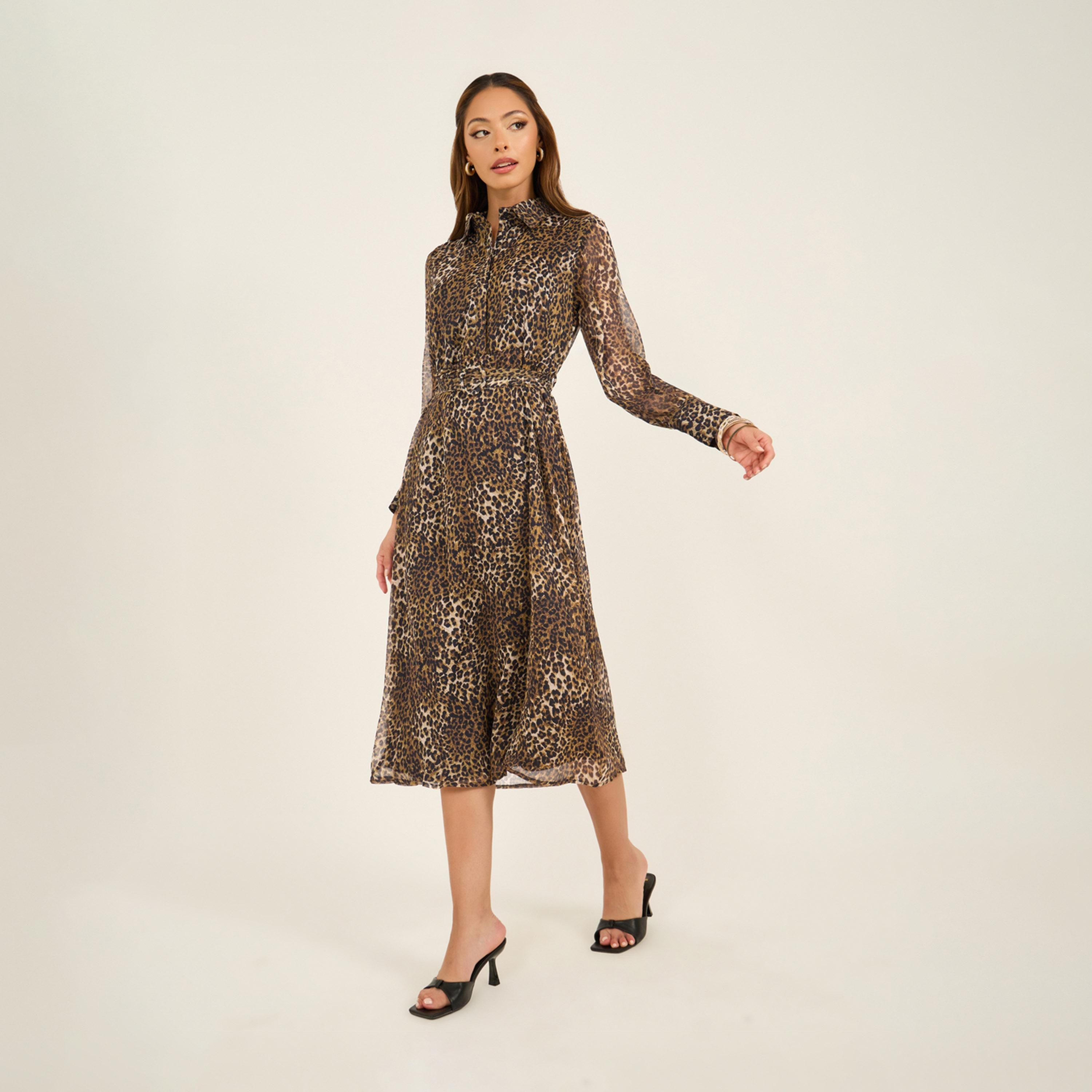 Styli Animal Print Balloon Sleeves A-Line Midi Dress-women-clothing-dresses-image-3