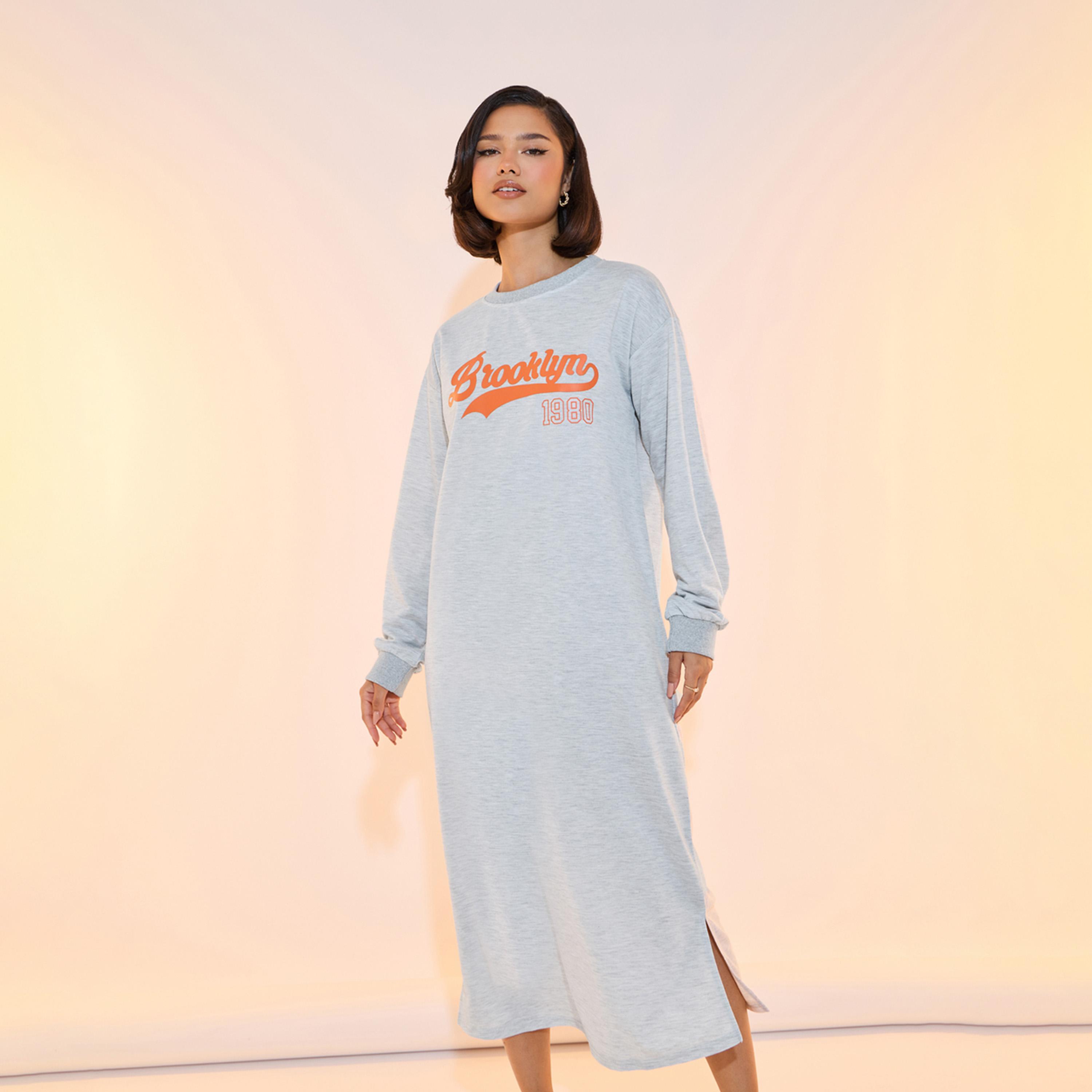 Take Two Slogan Print Round Neck Sweatshirt Midi Dress-women-clothing-dresses-image-2