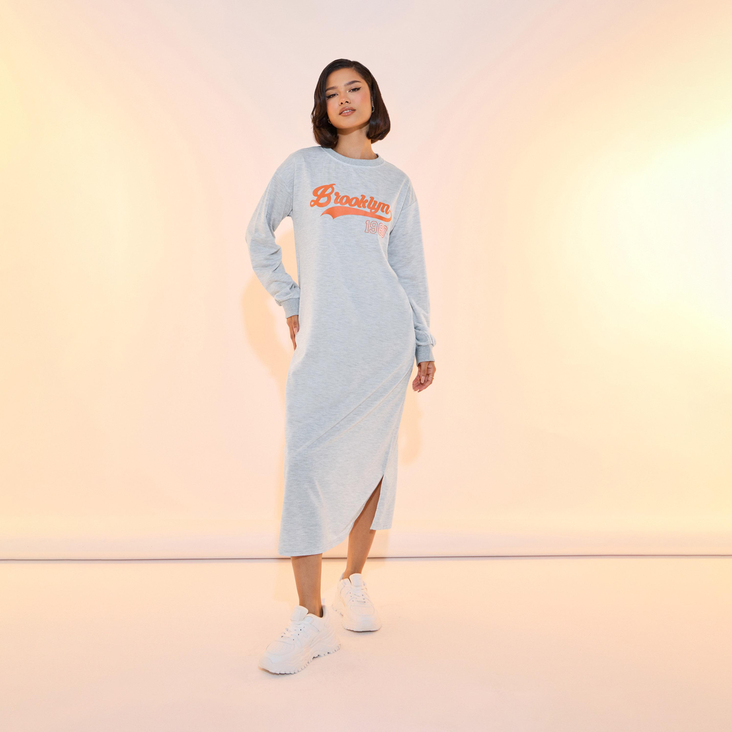 Take Two Slogan Print Round Neck Sweatshirt Midi Dress-women-clothing-dresses-image-4