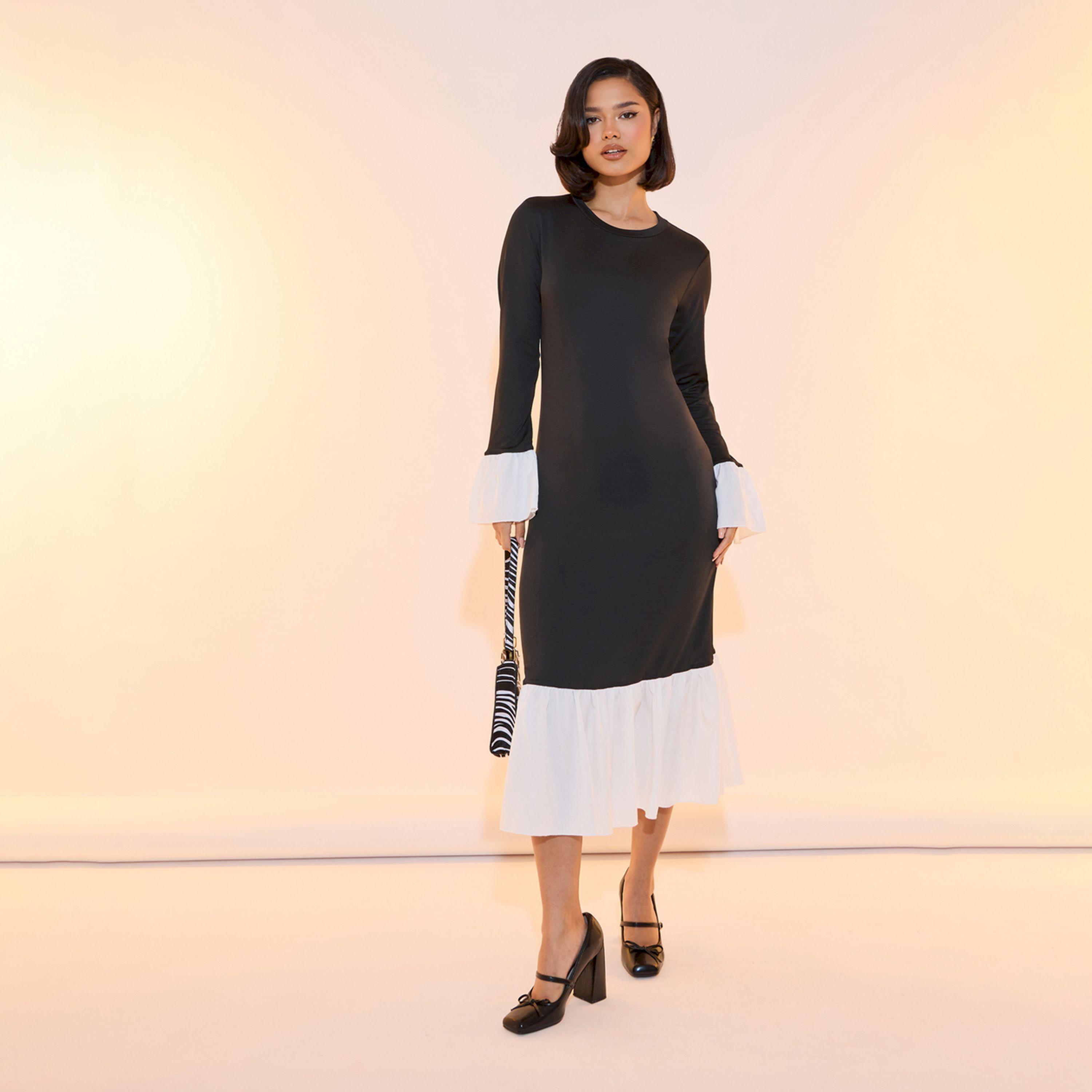 Take Two Contrast Hem Round Neck Bodycon Midi Dress-women-clothing-dresses-image-1