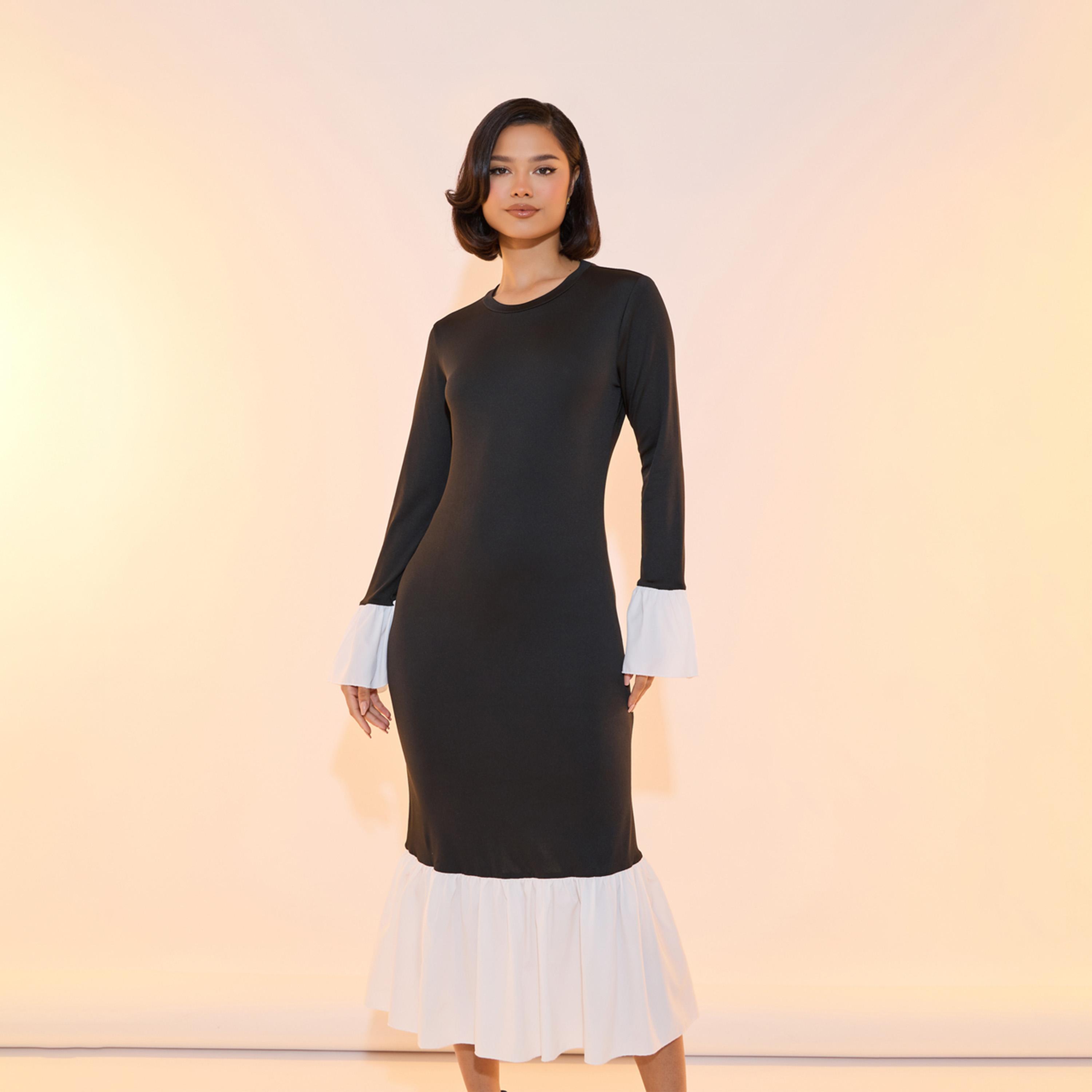 Take Two Contrast Hem Round Neck Bodycon Midi Dress-women-clothing-dresses-image-2