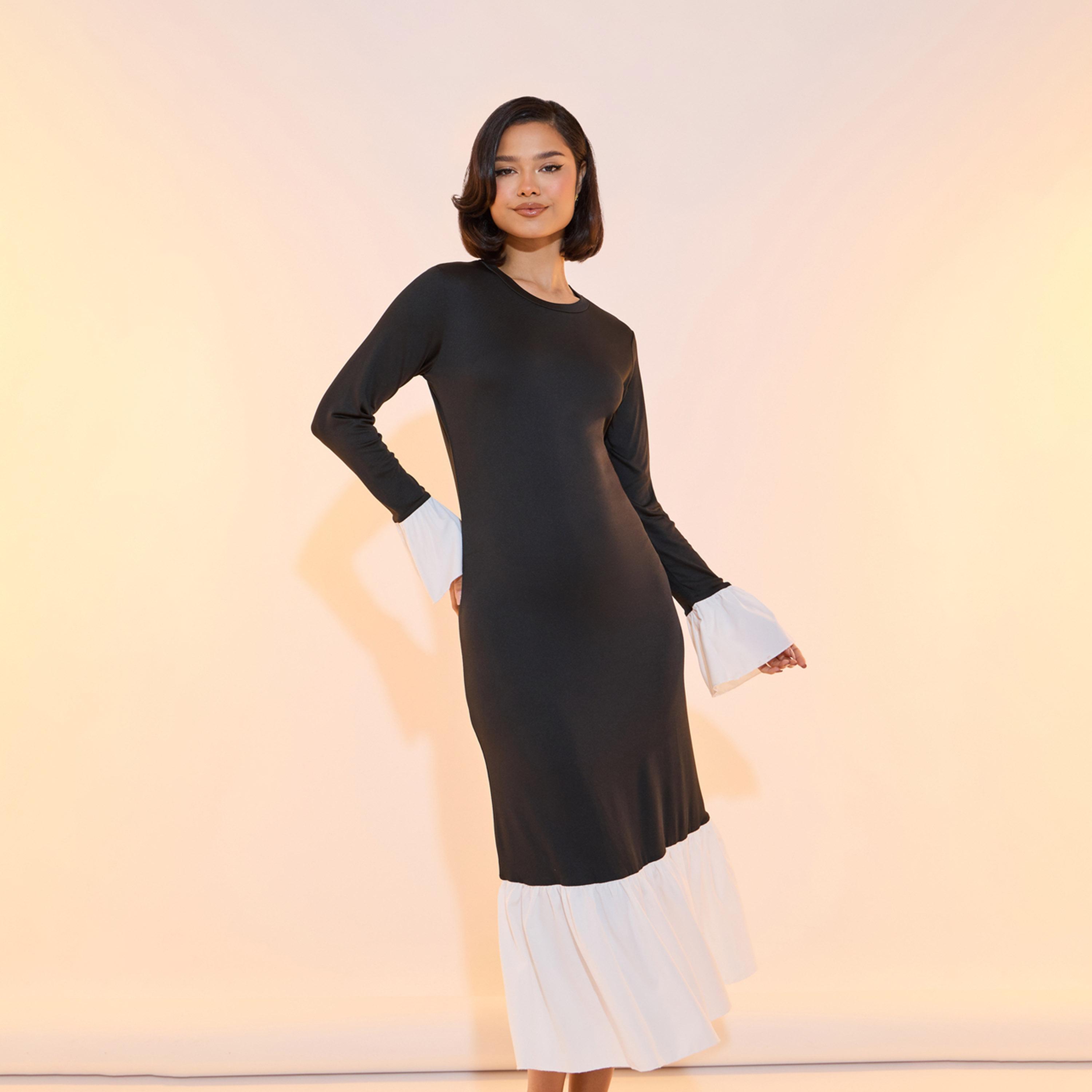 Take Two Contrast Hem Round Neck Bodycon Midi Dress-women-clothing-dresses-image-5
