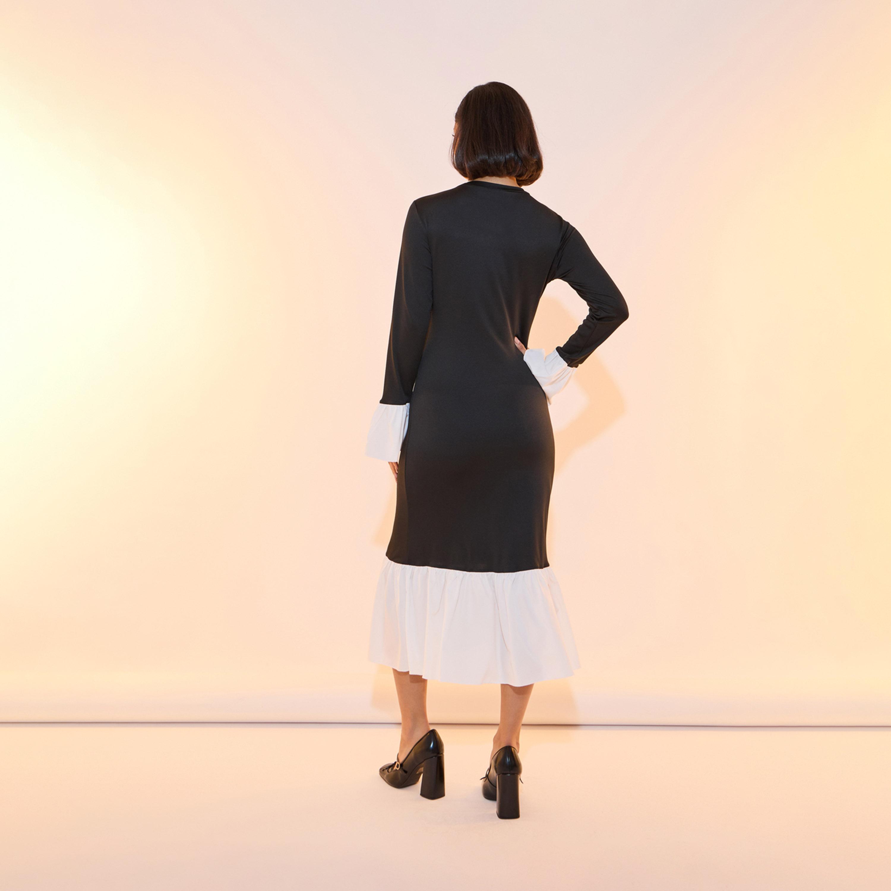 فستان ميدي بديكون بياقة دائرية وأكمام طويلة-women-clothing-dresses-image-6