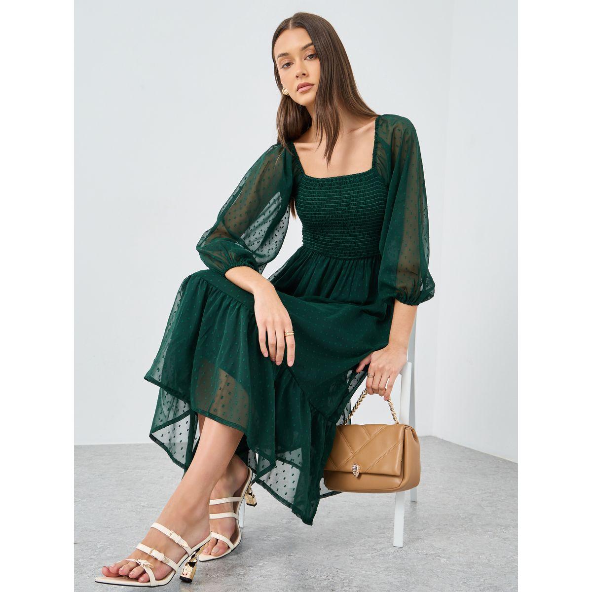 فستان ميدي بياقة مربعة-women-clothing-dresses-image-1
