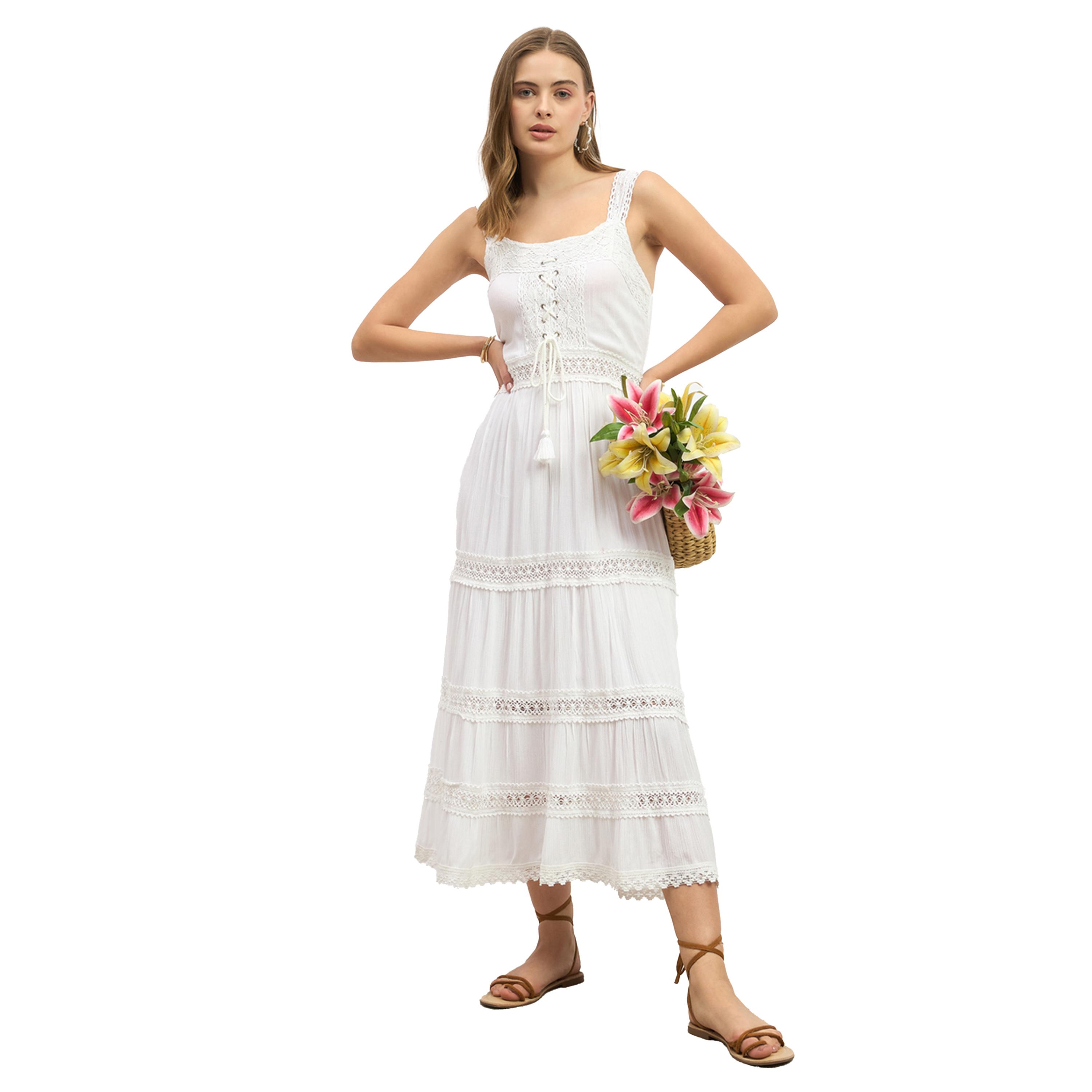 ستايلي- فستان ماكسي سادة كريمي بدون أكمام-women-clothing-dresses-image-1