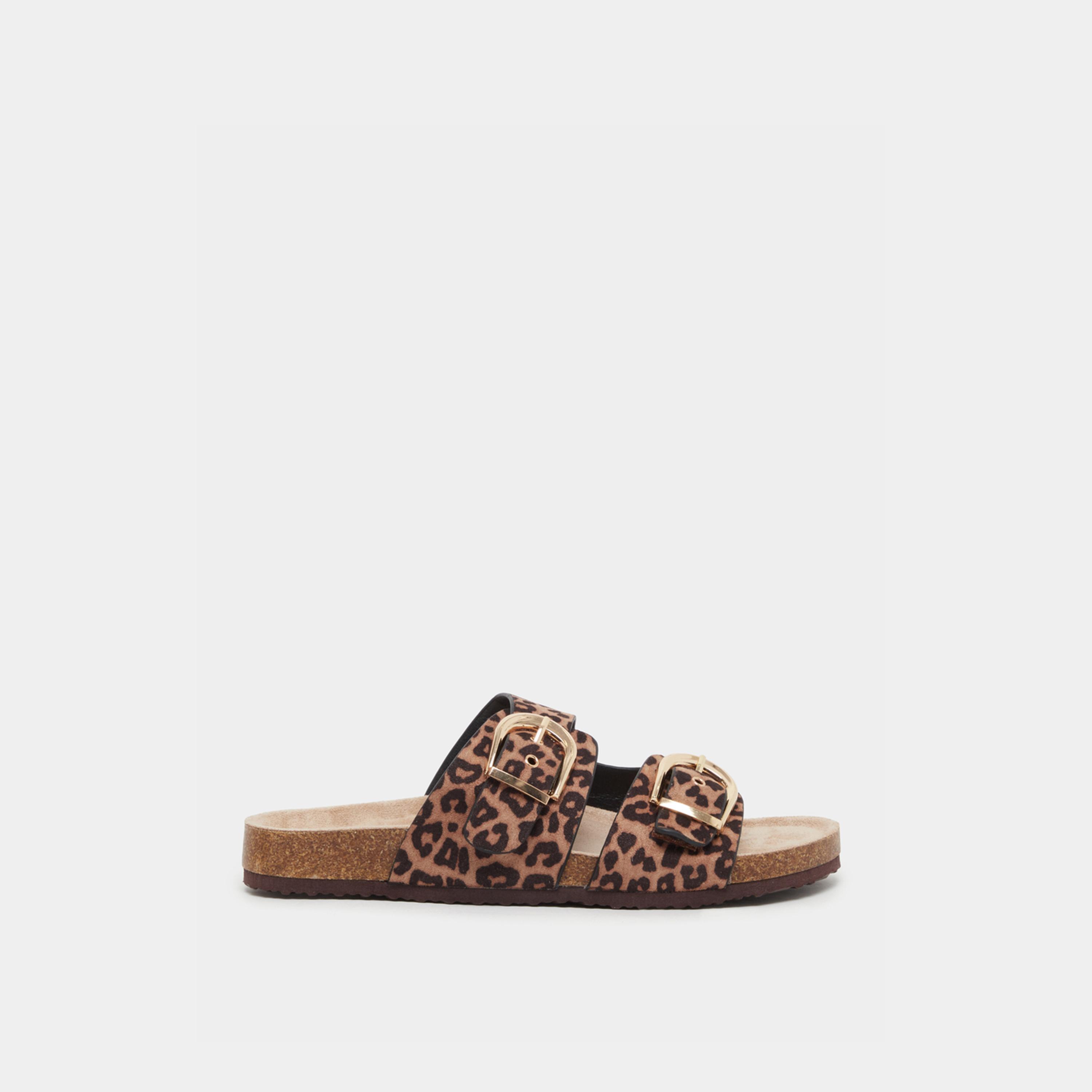 Styli Leopard Print Buckle Detail Flat Sandals-women-shoes-sandals-flats-image-1