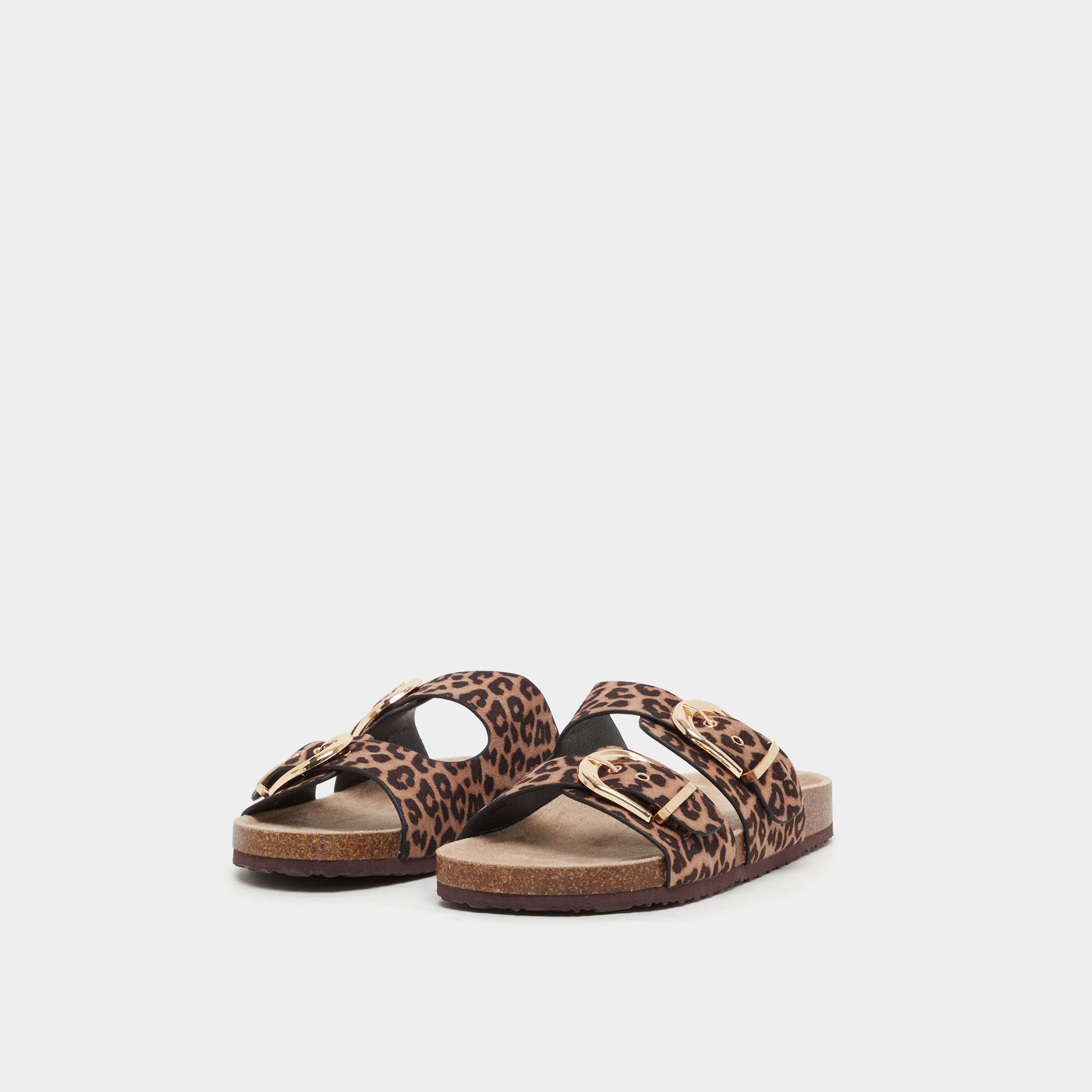 Styli Leopard Print Buckle Detail Flat Sandals-women-shoes-sandals-flats-image-2