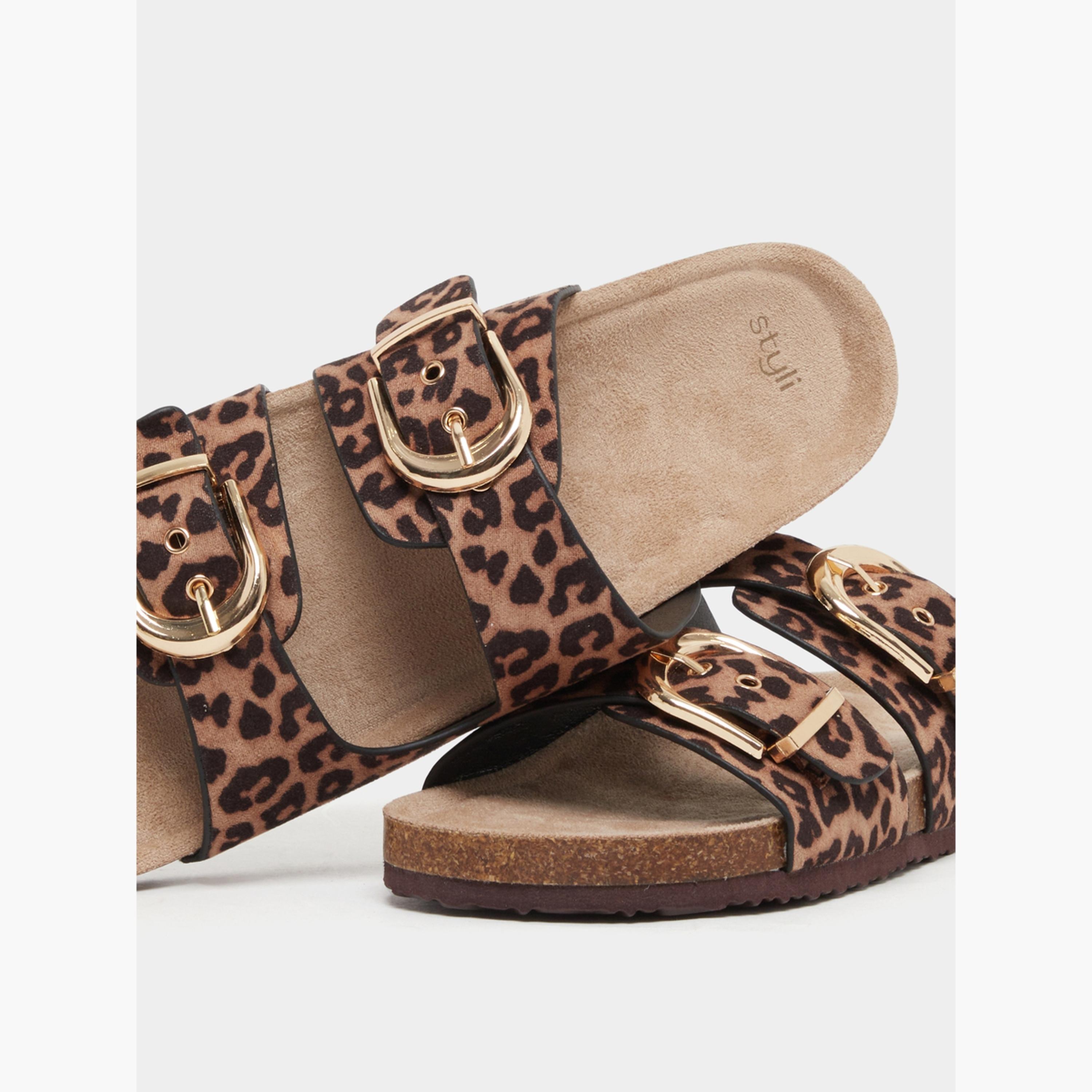 Styli Leopard Print Buckle Detail Flat Sandals-women-shoes-sandals-flats-image-3