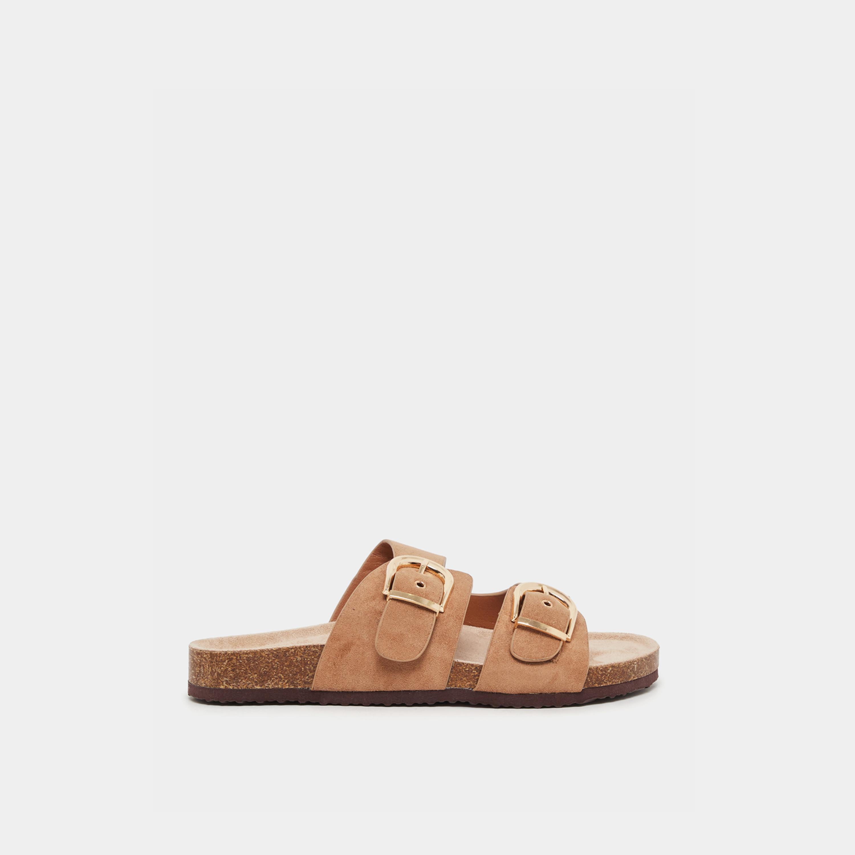 ستايلي - صندل مسطح سهل الارتداء بمظهر جلد سويد مخملي مع تفاصيل إبزيم-women-shoes-sandals-flats-image-1