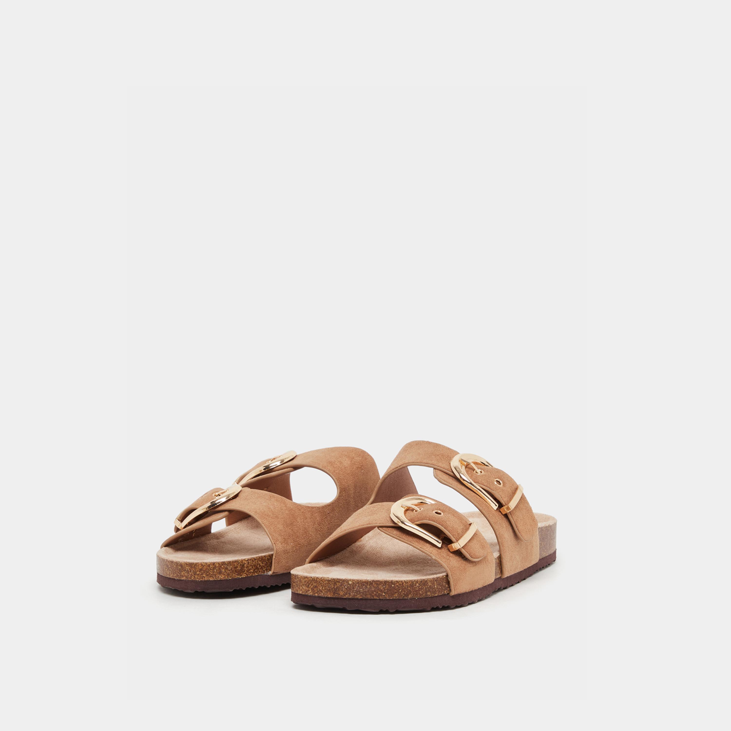 Styli Suede Look Slip-On Flat Sandals with Buckle Detail-women-shoes-sandals-flats-image-2