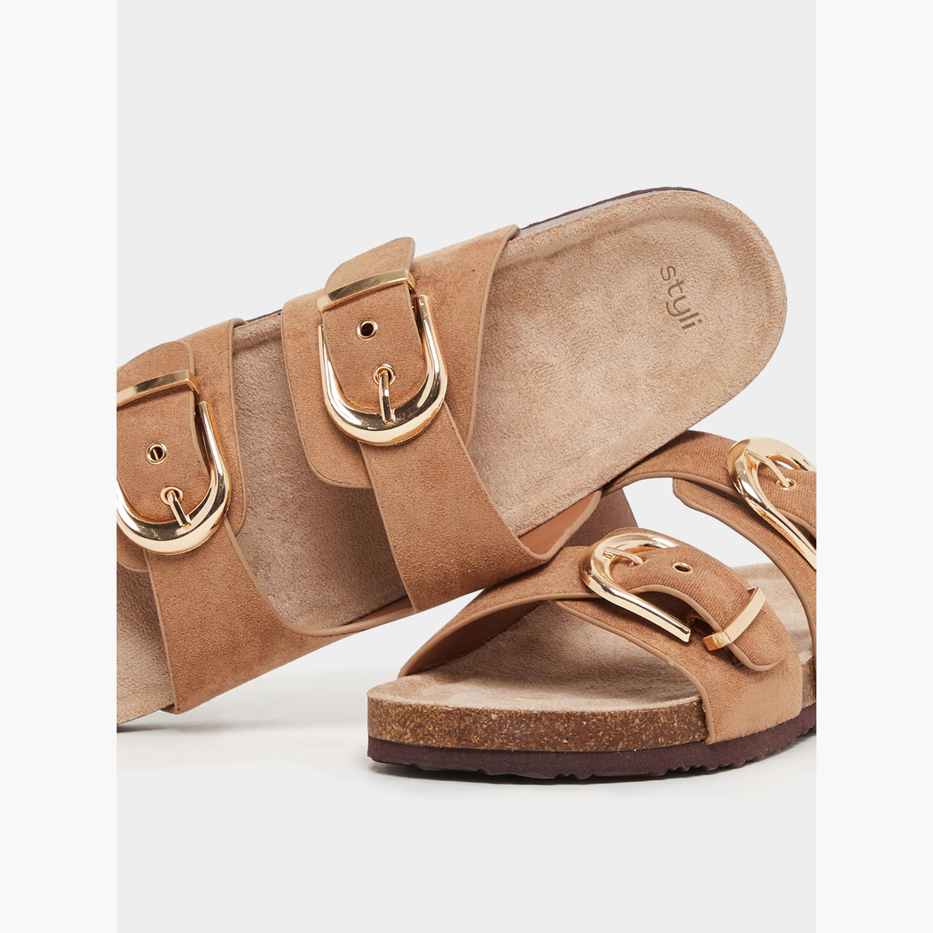 Styli Suede Look Slip-On Flat Sandals with Buckle Detail-women-shoes-sandals-flats-image-3