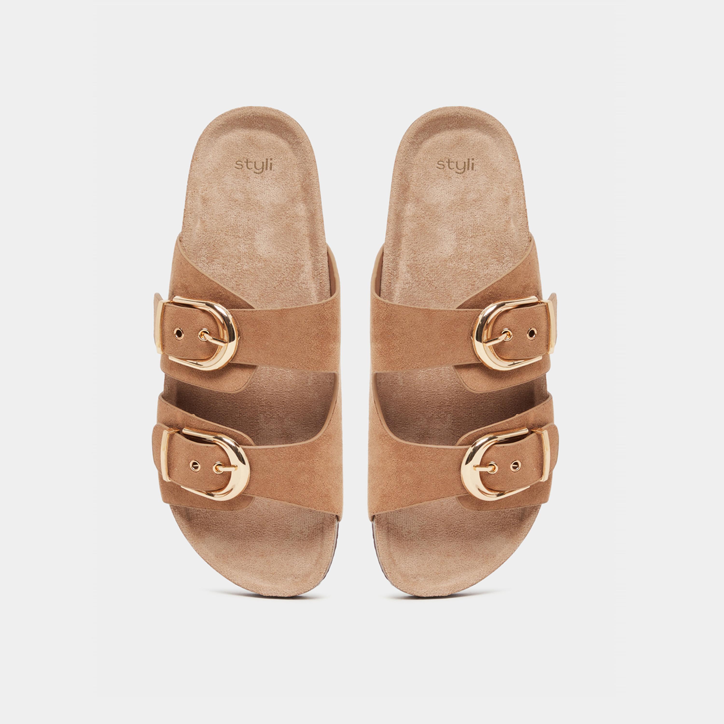 Styli Suede Look Slip-On Flat Sandals with Buckle Detail-women-shoes-sandals-flats-image-5