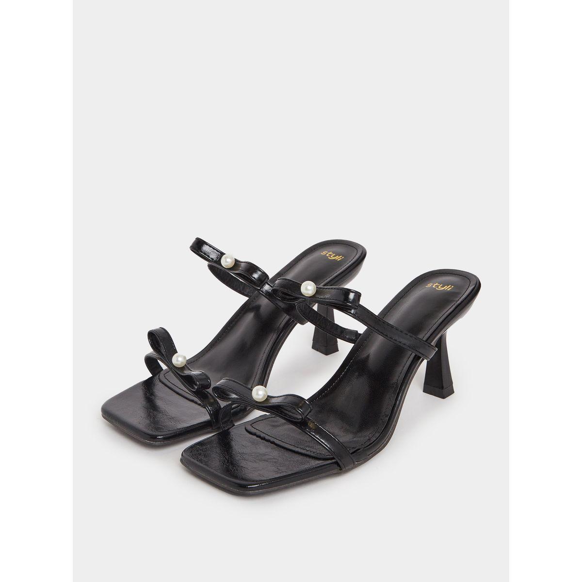 Faux Pearl Bow Detail Slip-On Stiletto Heel Sandals-women-shoes-heels-image-2