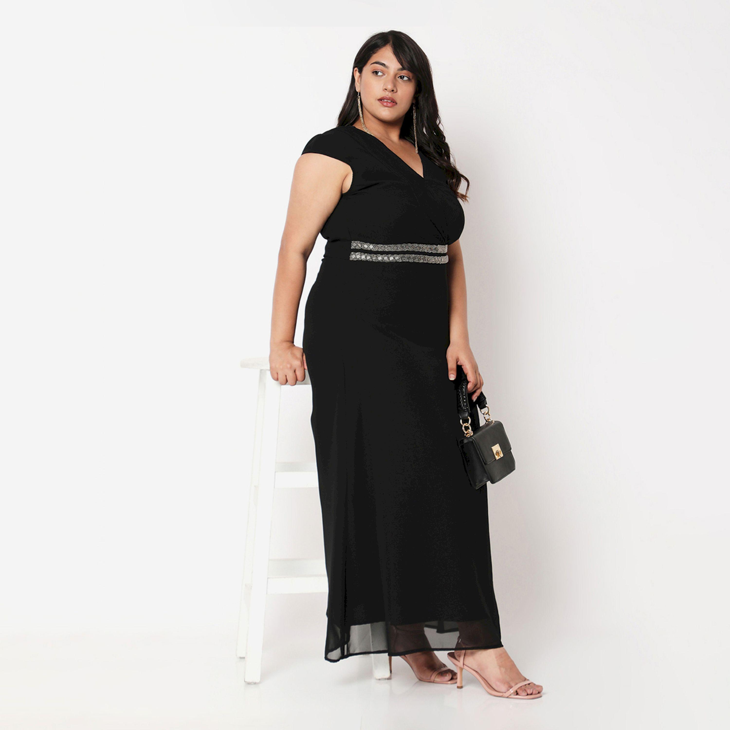 Mish X Styli  Solid V-Neck Maxi Dress with Embroidered Waist Detail-women-clothing-dresses-image-1