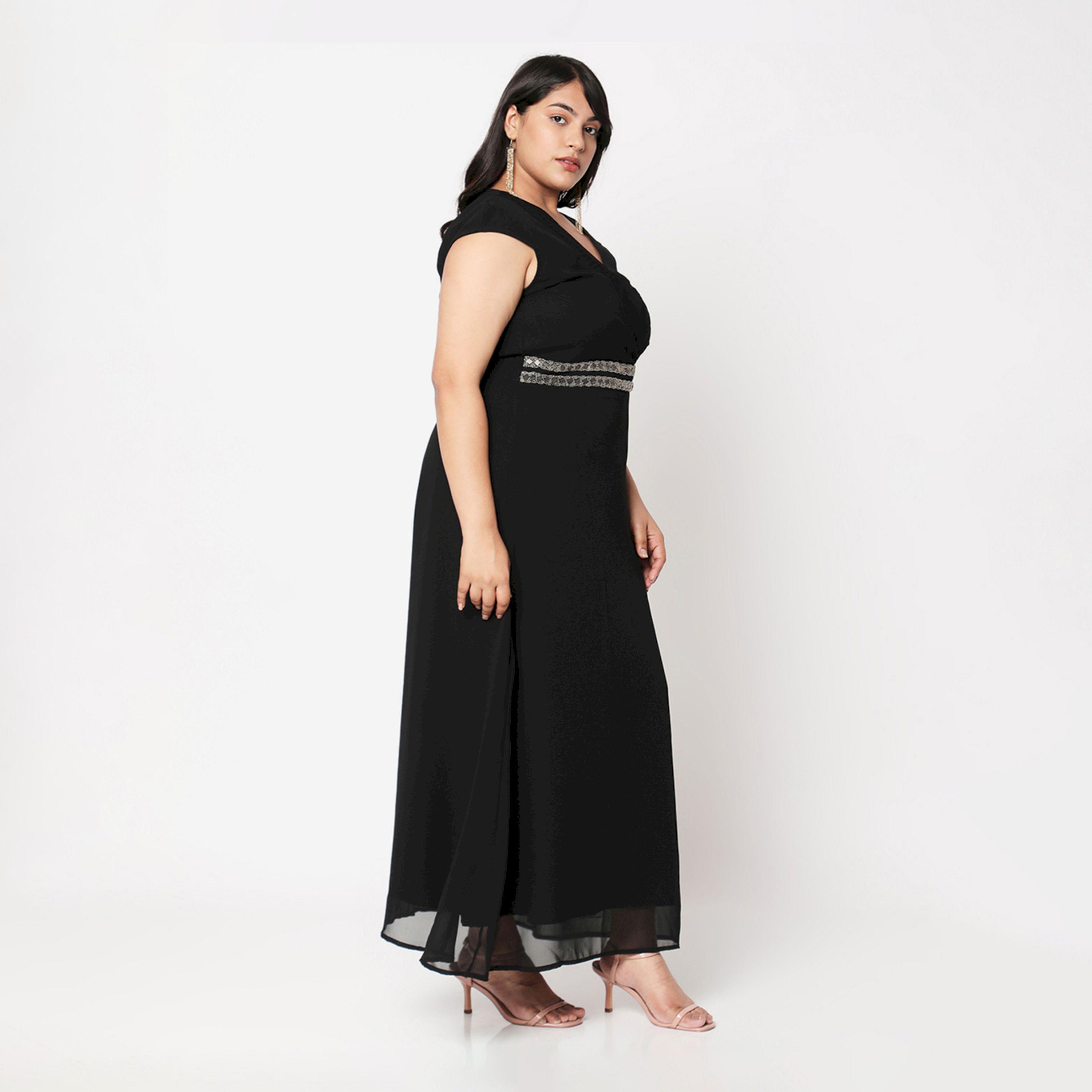 Mish X Styli  Solid V-Neck Maxi Dress with Embroidered Waist Detail-women-clothing-dresses-image-3