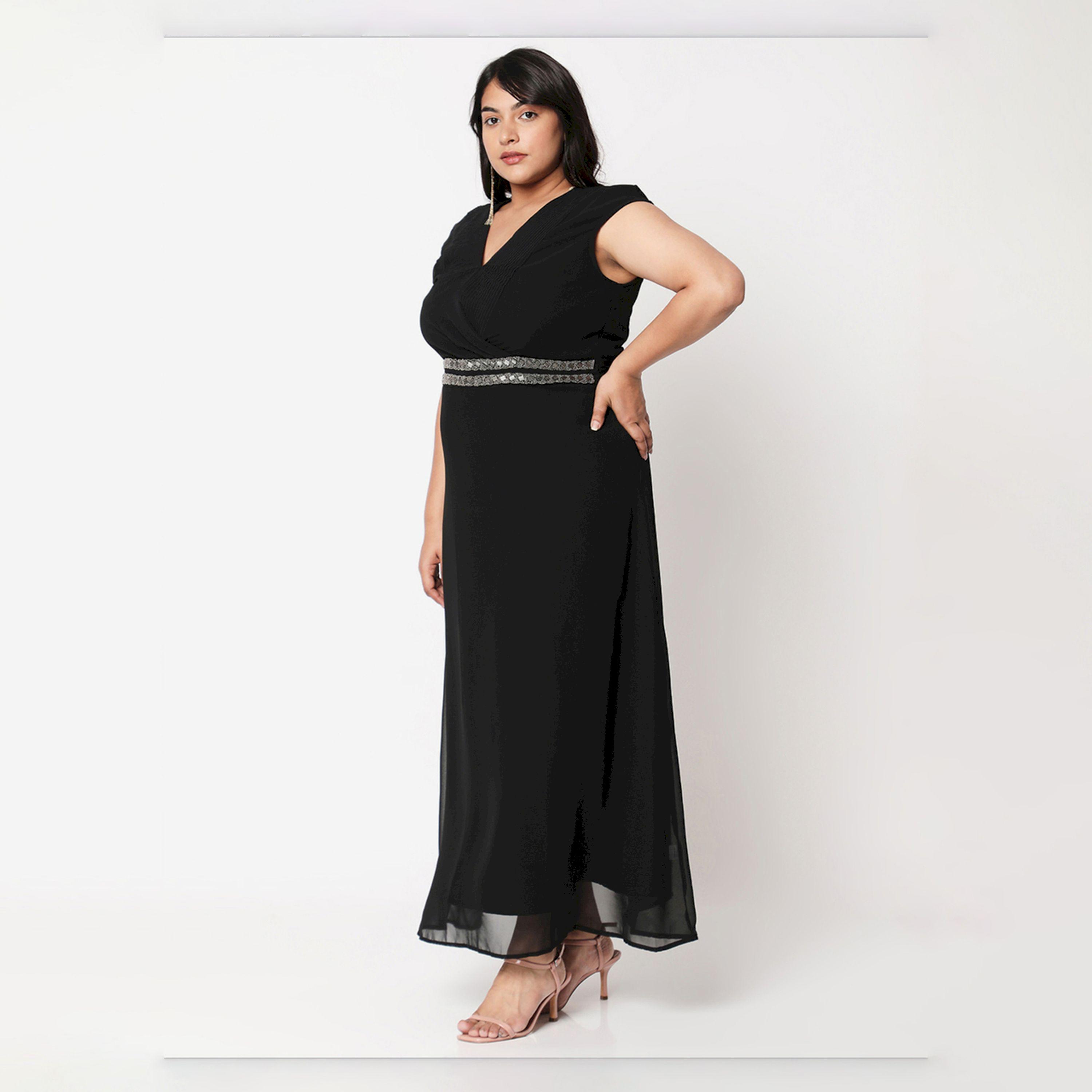 Mish X Styli  Solid V-Neck Maxi Dress with Embroidered Waist Detail-women-clothing-dresses-image-4