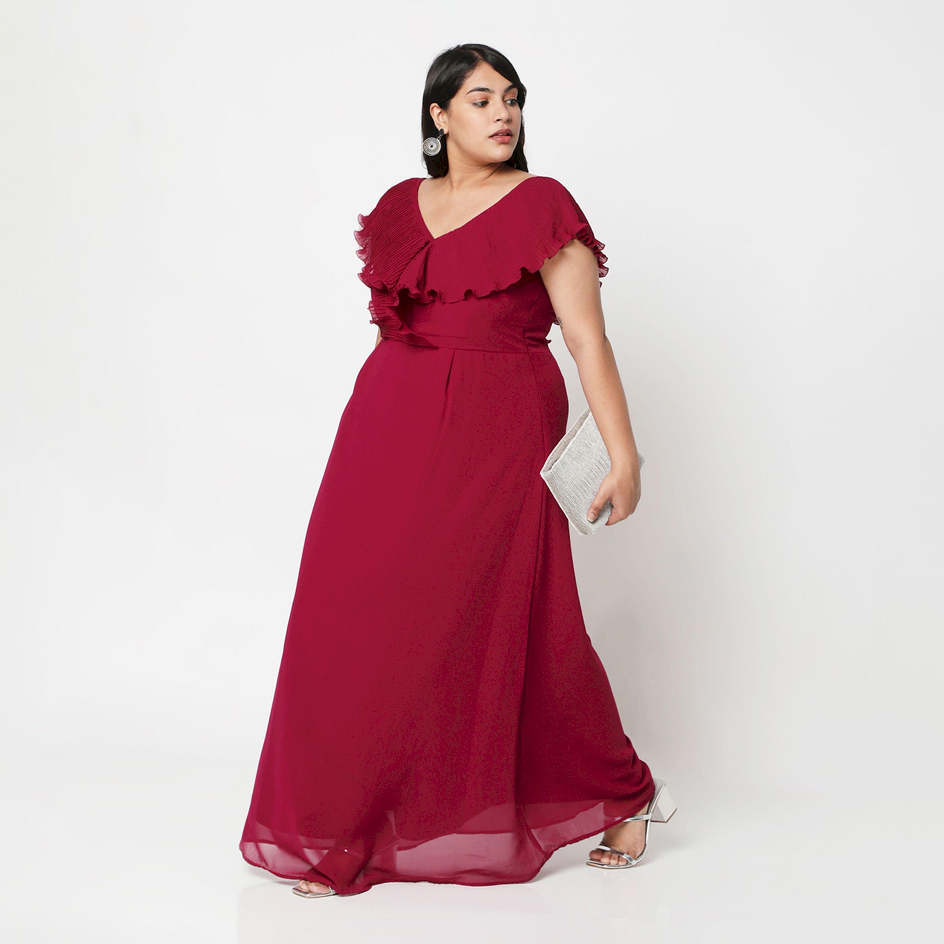 فستان طويل بمقاس كبير وأكمام كشكش ميش × ستايلي-women-clothing-dresses-image-1