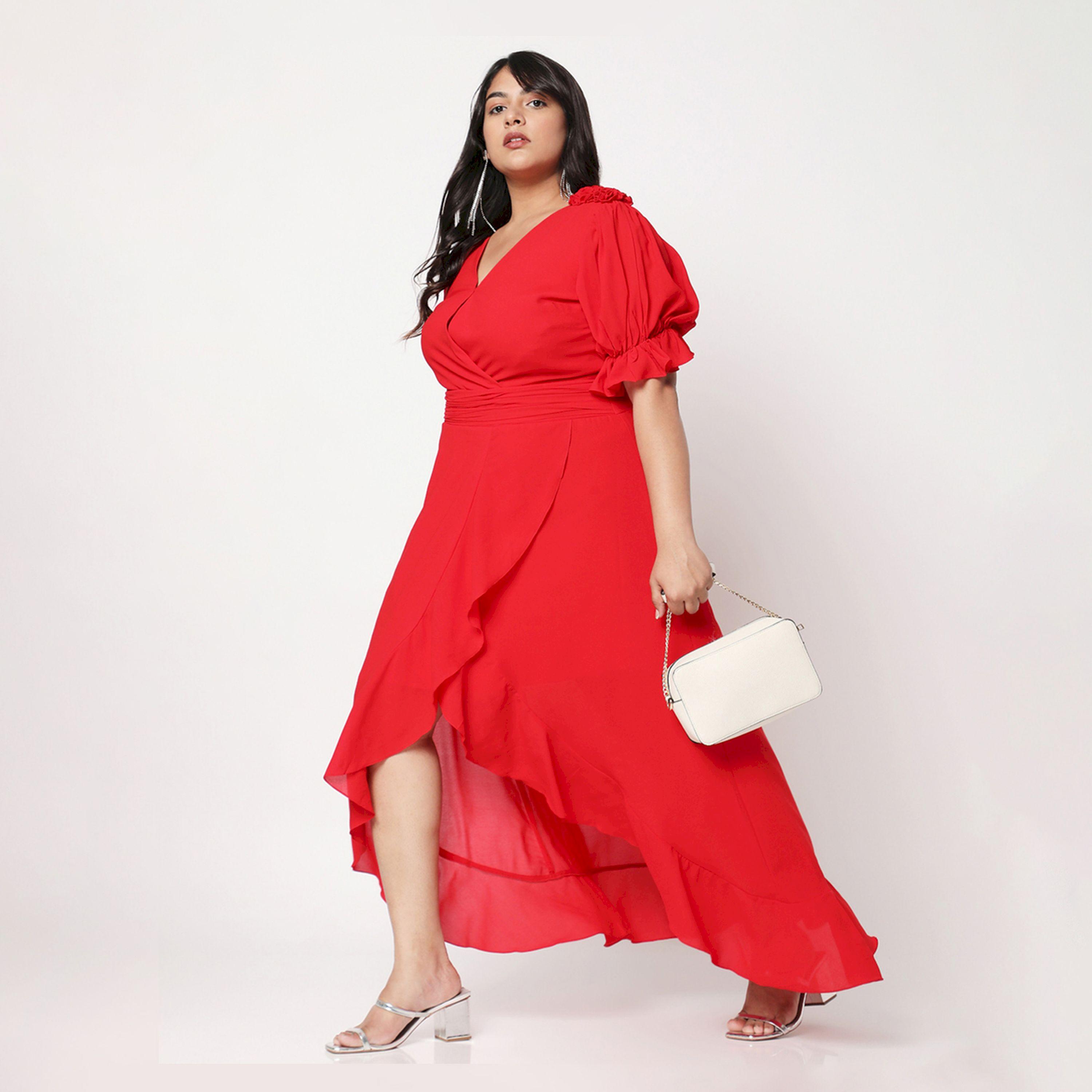 فستان سادة بأكمام قصيرة ونمط لف ميش × ستايلي-women-clothing-dresses-image-1