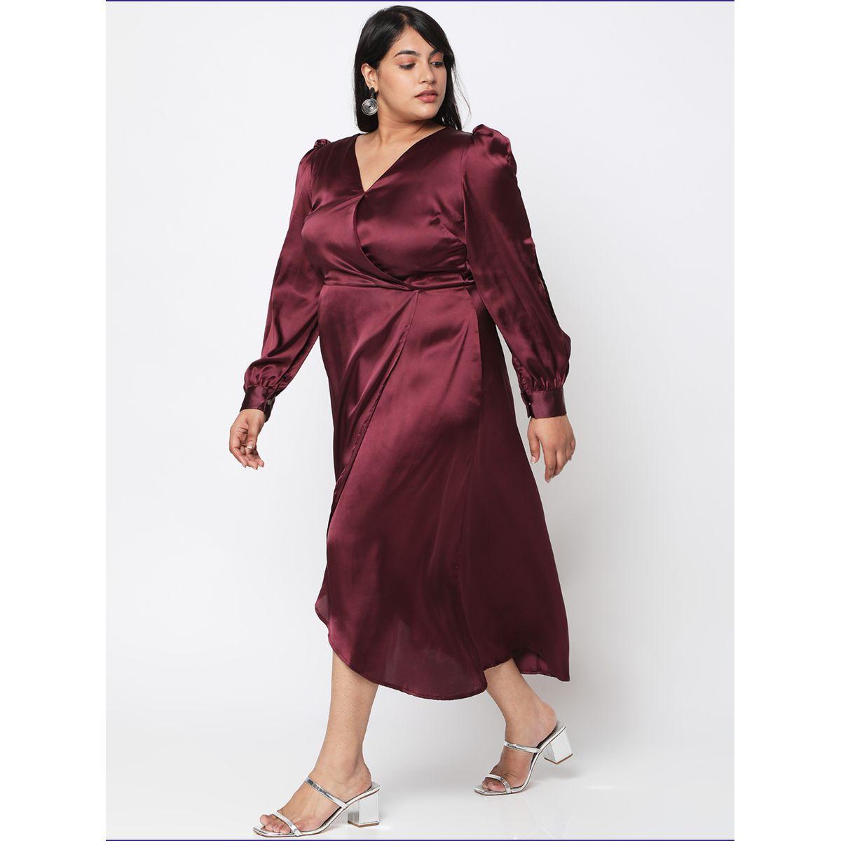 Mish X Styli  Plus Size Satin Wrap Front Midi Dress with Tulip Hem-women-clothing-dresses-image-4