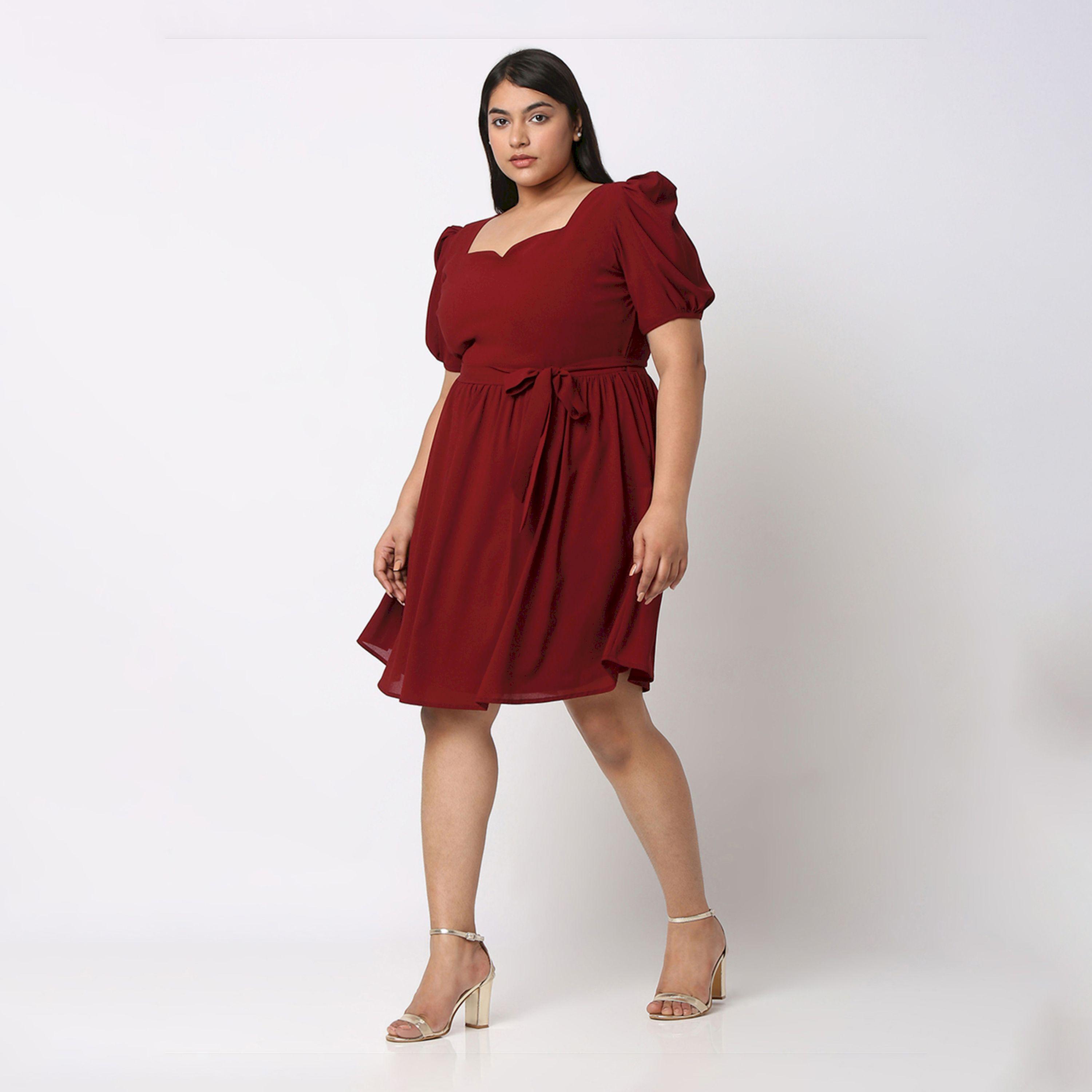 Mish X Styli  Solid Fit & Flare Sweetheart Neck Dress with Self-Tie Detail-women-clothing-dresses-image-4