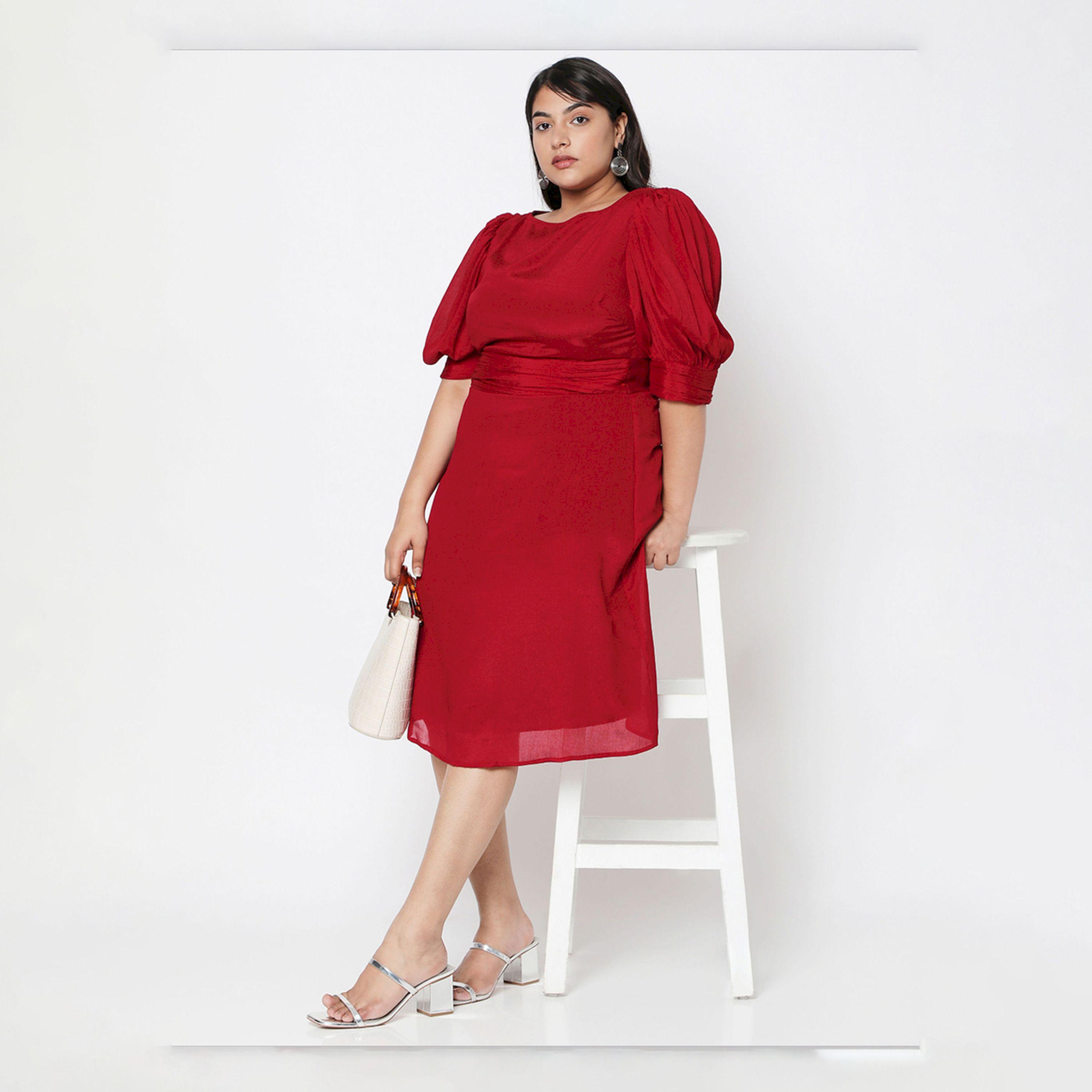 Mish X Styli  Solid Bishop Sleeve A-Line Dress with Pleated Waist Detail-women-clothing-dresses-image-1