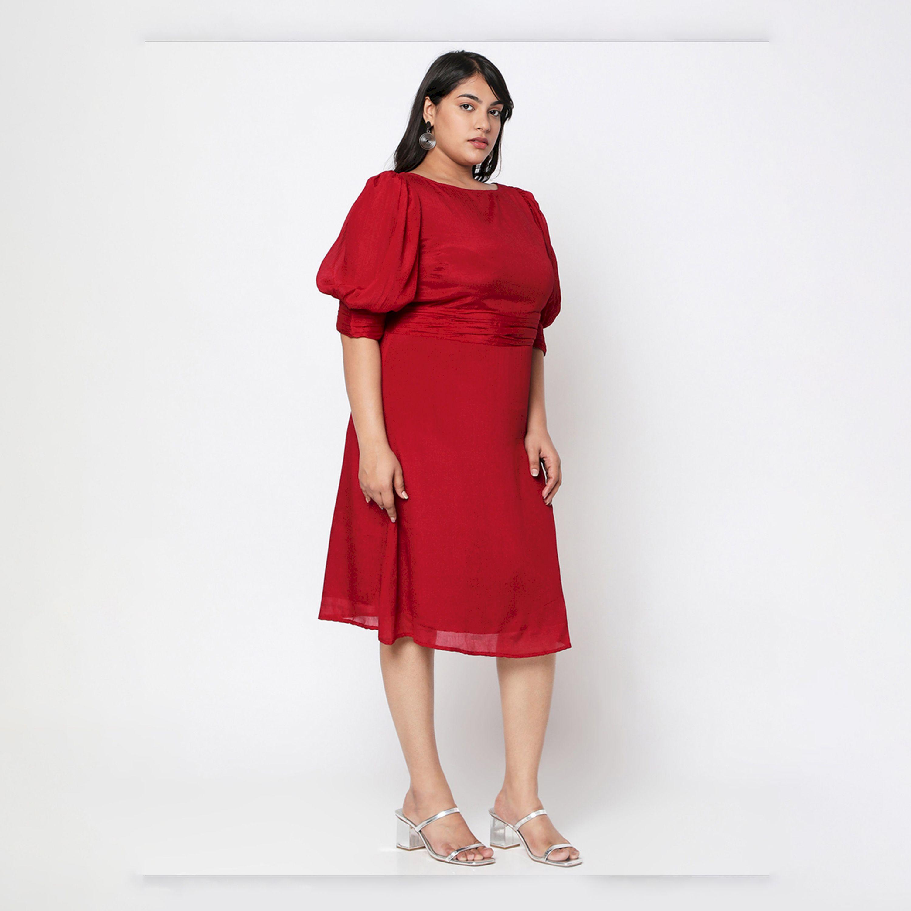 فستان بطول الركبة سادة بأكمام بيشوب ميش × ستايلي-women-clothing-dresses-image-3