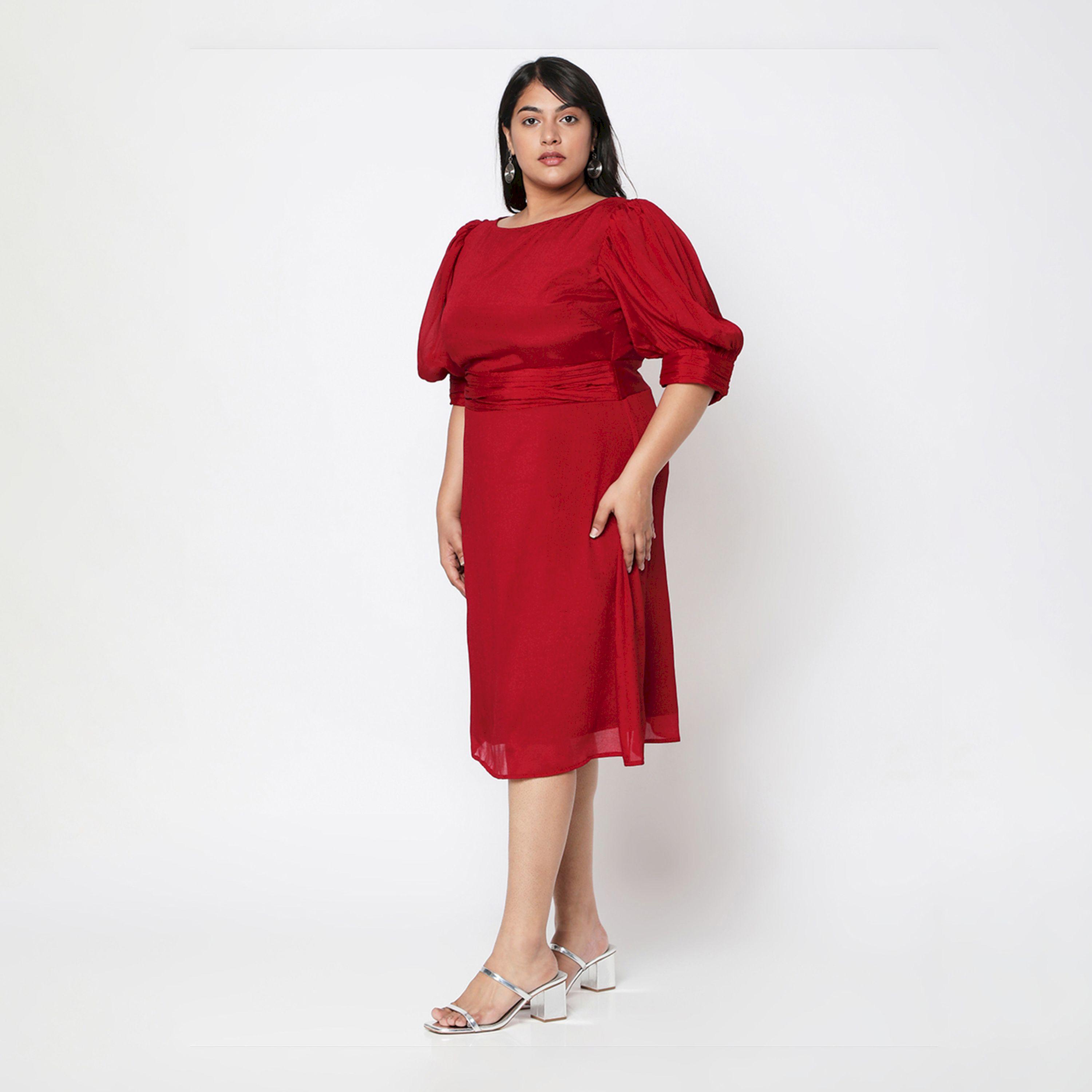 Mish X Styli  Solid Bishop Sleeve A-Line Dress with Pleated Waist Detail-women-clothing-dresses-image-4