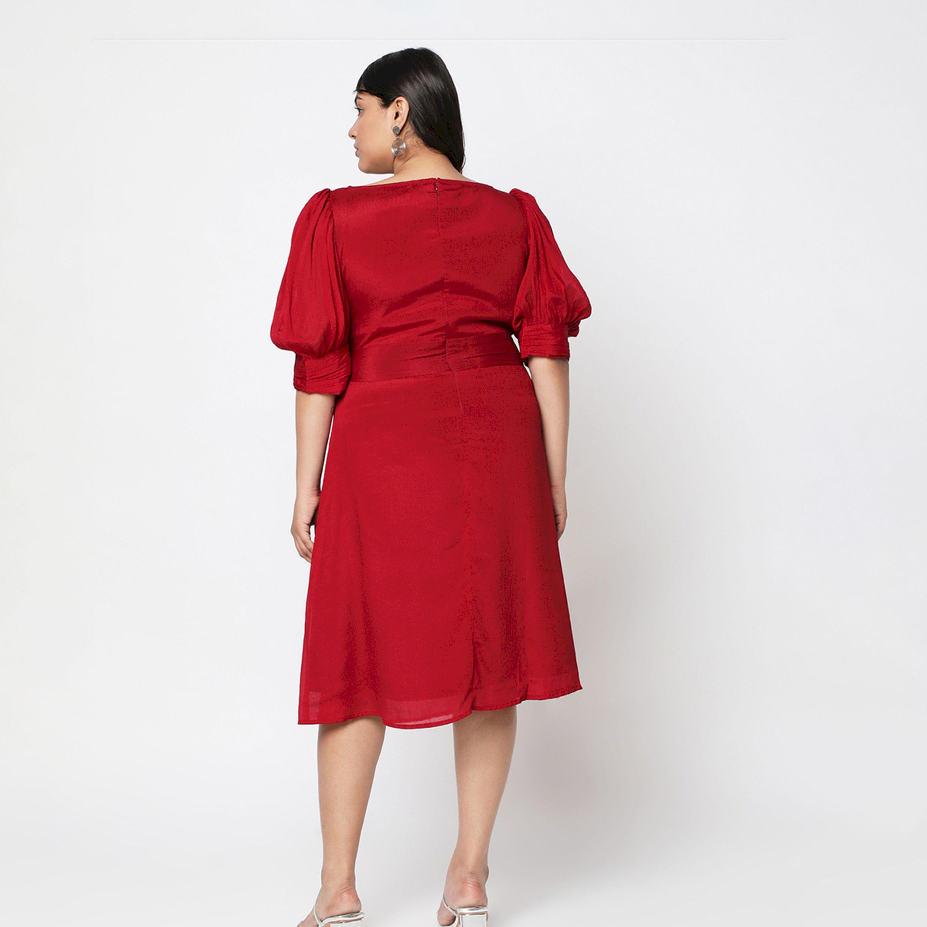 فستان بطول الركبة سادة بأكمام بيشوب ميش × ستايلي-women-clothing-dresses-image-5
