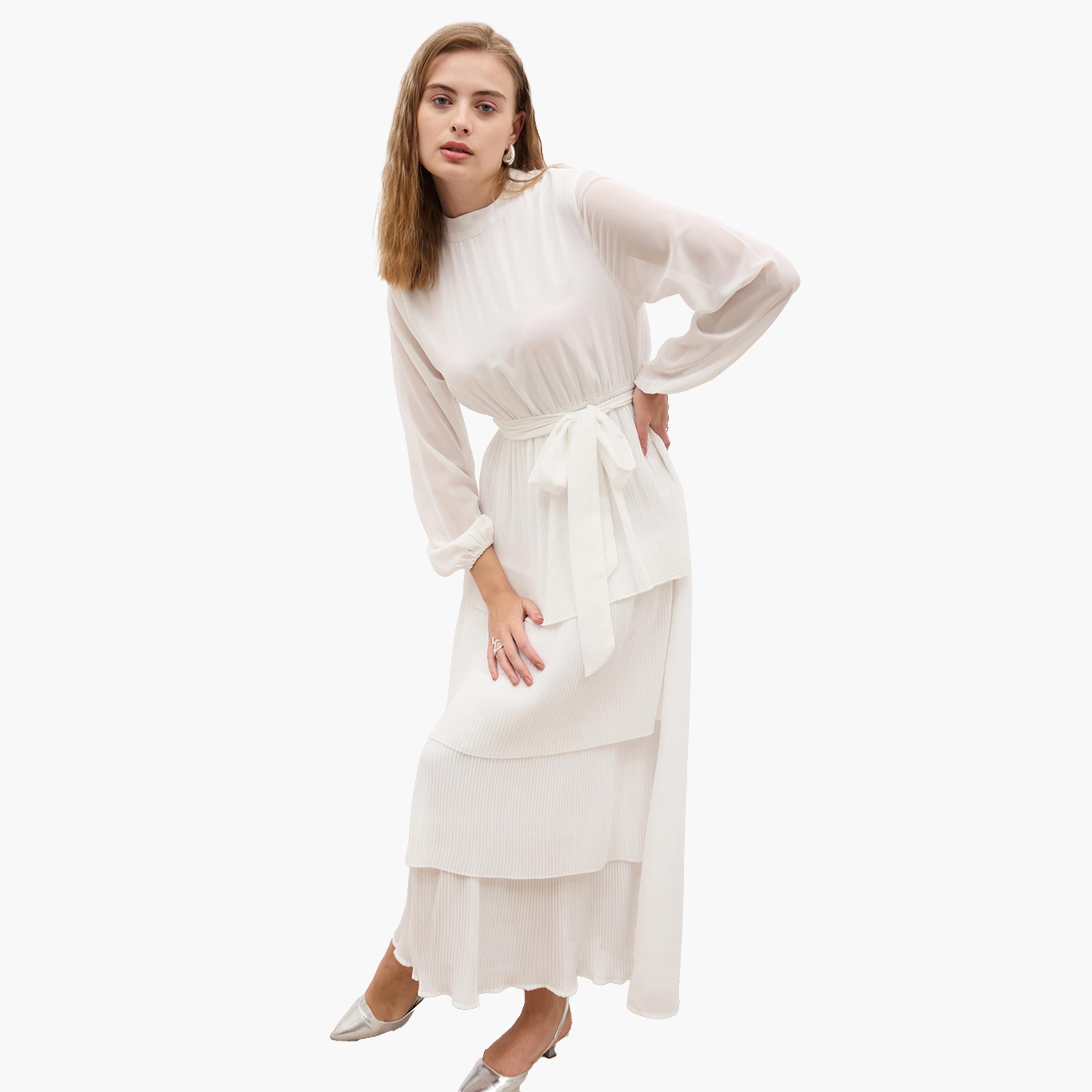ستايلي - فستان ماكسي طبقات سادة بأكمام طويلة وتفاصيل كسرات-women-clothing-dresses-image-1