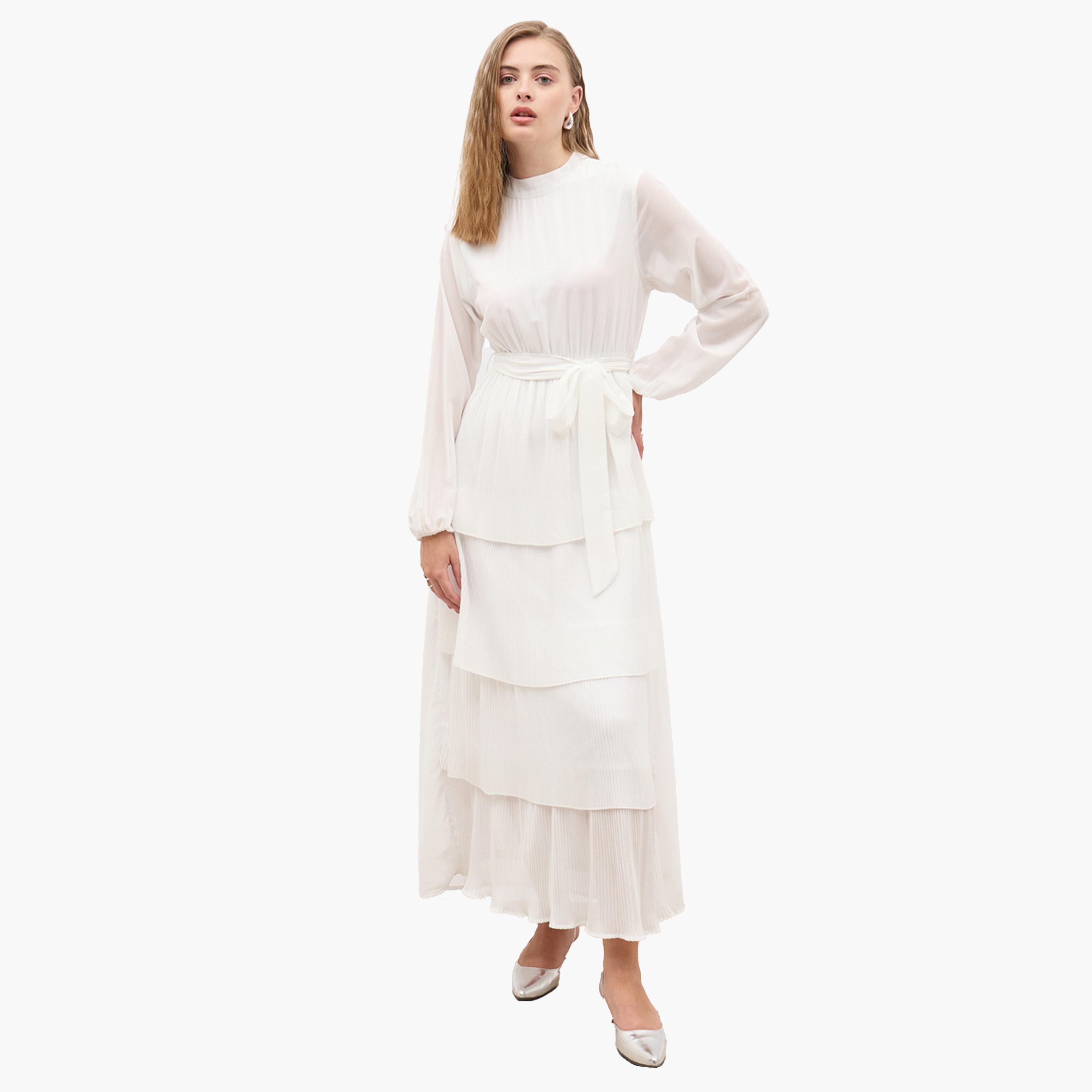 ستايلي - فستان ماكسي طبقات سادة بأكمام طويلة وتفاصيل كسرات-women-clothing-dresses-image-2