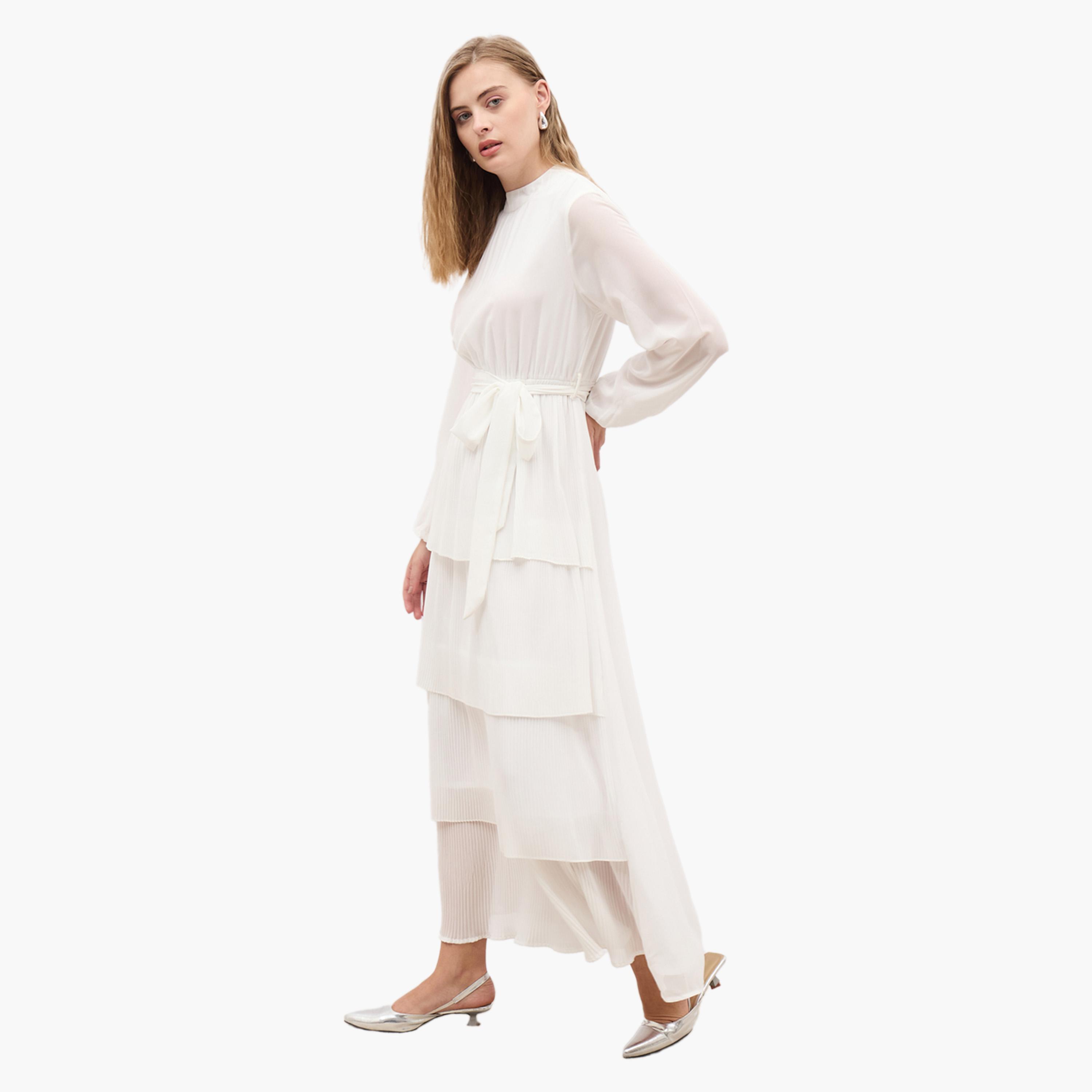 ستايلي - فستان ماكسي طبقات سادة بأكمام طويلة وتفاصيل كسرات-women-clothing-dresses-image-3
