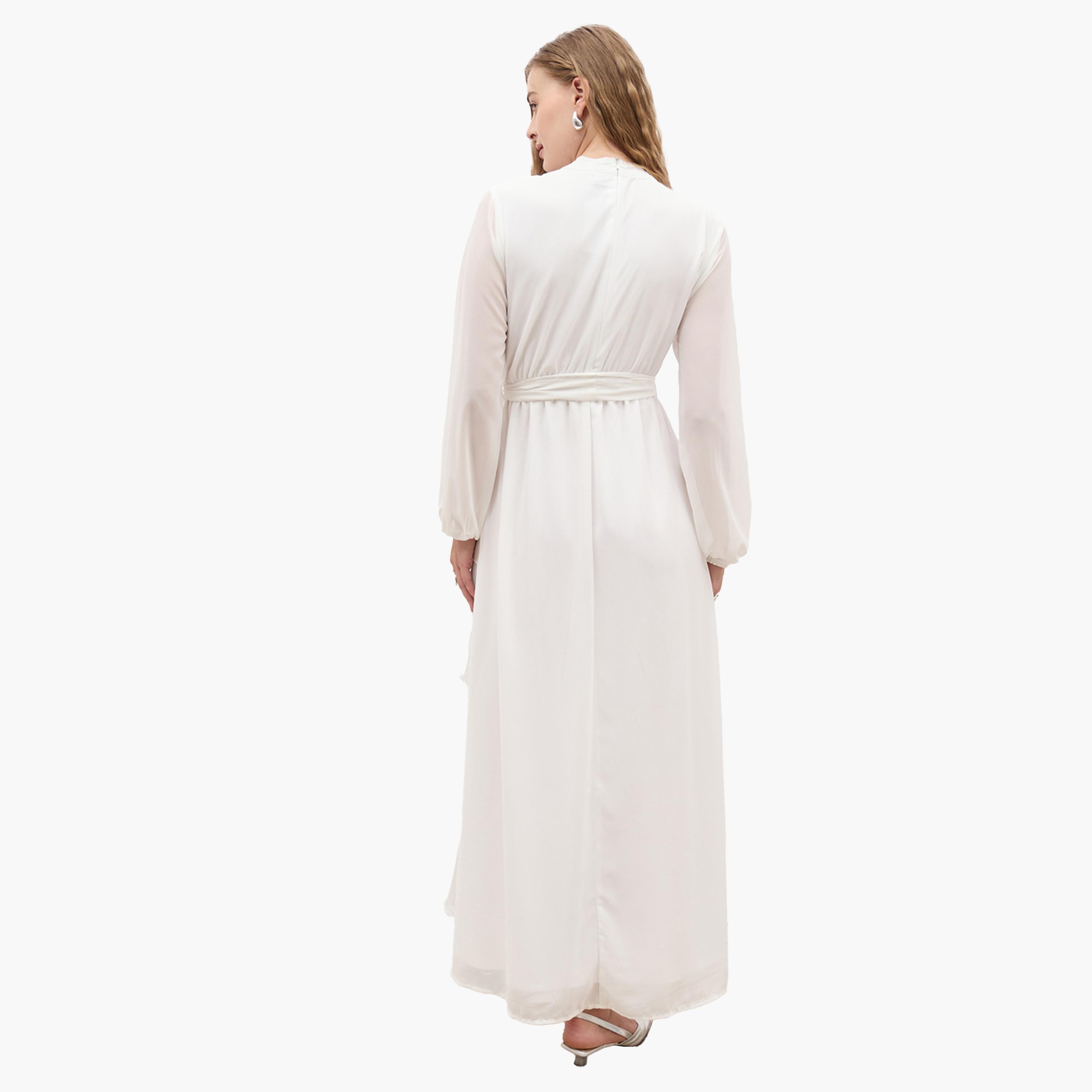 ستايلي - فستان ماكسي طبقات سادة بأكمام طويلة وتفاصيل كسرات-women-clothing-dresses-image-5