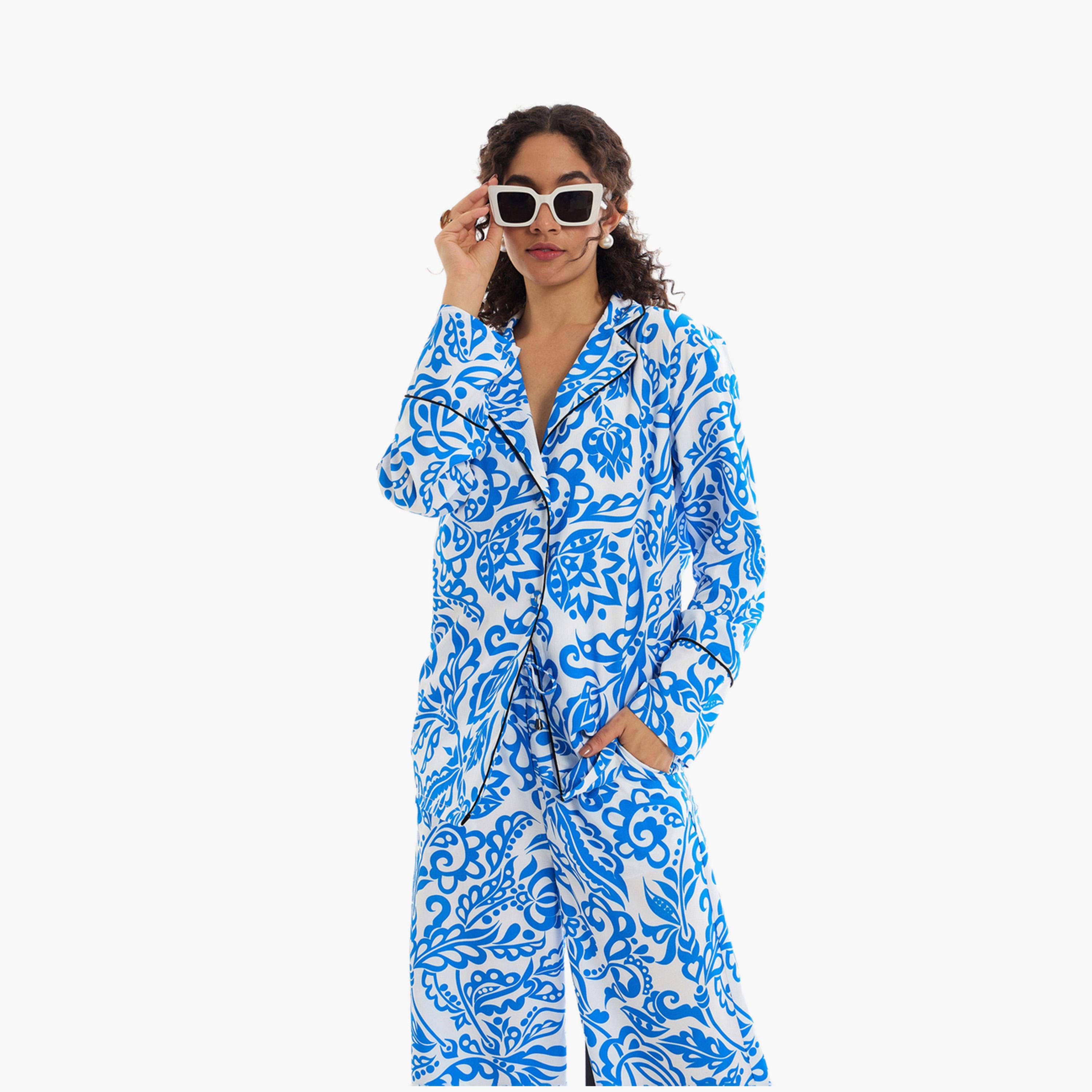 طقم منسق من بنطال وبلوزة مطبعة بالكامل ساسافراس × ستايلي-women-clothing-coordsets-image-1