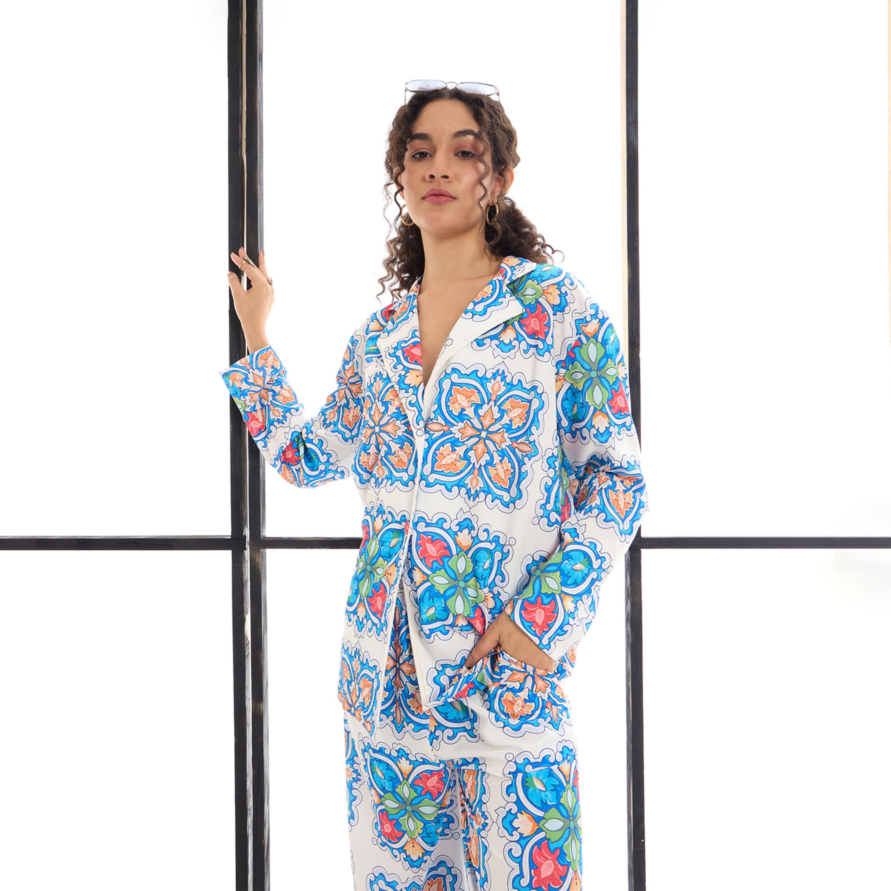 Sassafras X Styli  All Over Tile Print Shirt & Straight Leg Pants Co-Ords-women-clothing-coordsets-image-1