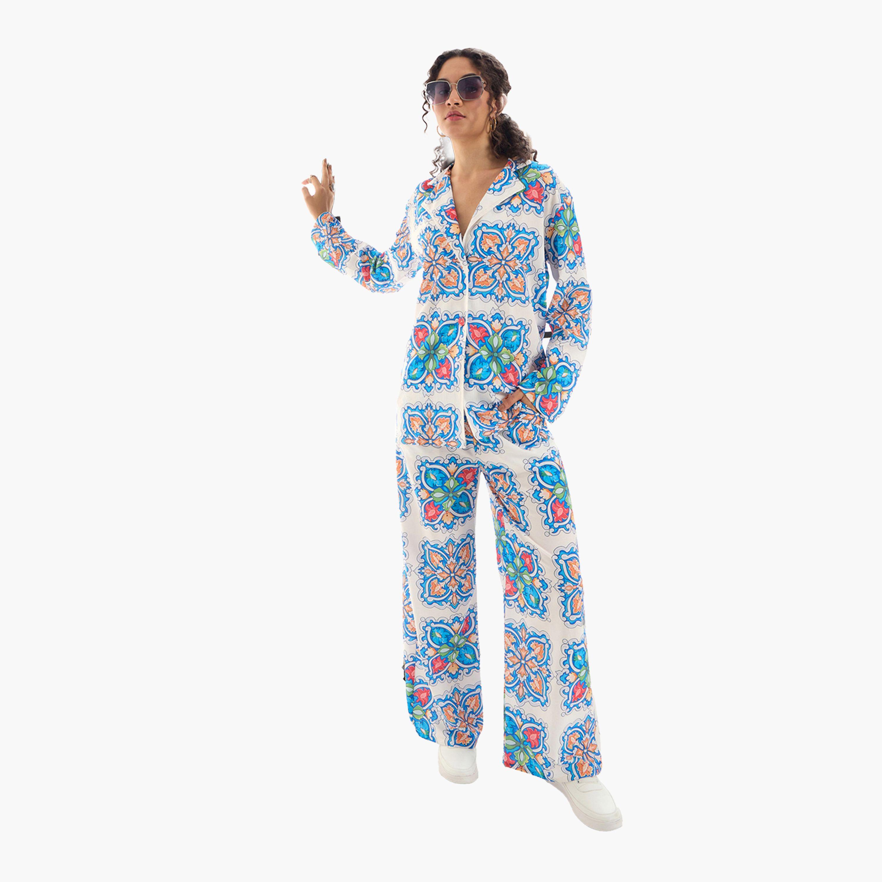 Sassafras X Styli  All Over Tile Print Shirt & Straight Leg Pants Co-Ords-women-clothing-coordsets-image-2