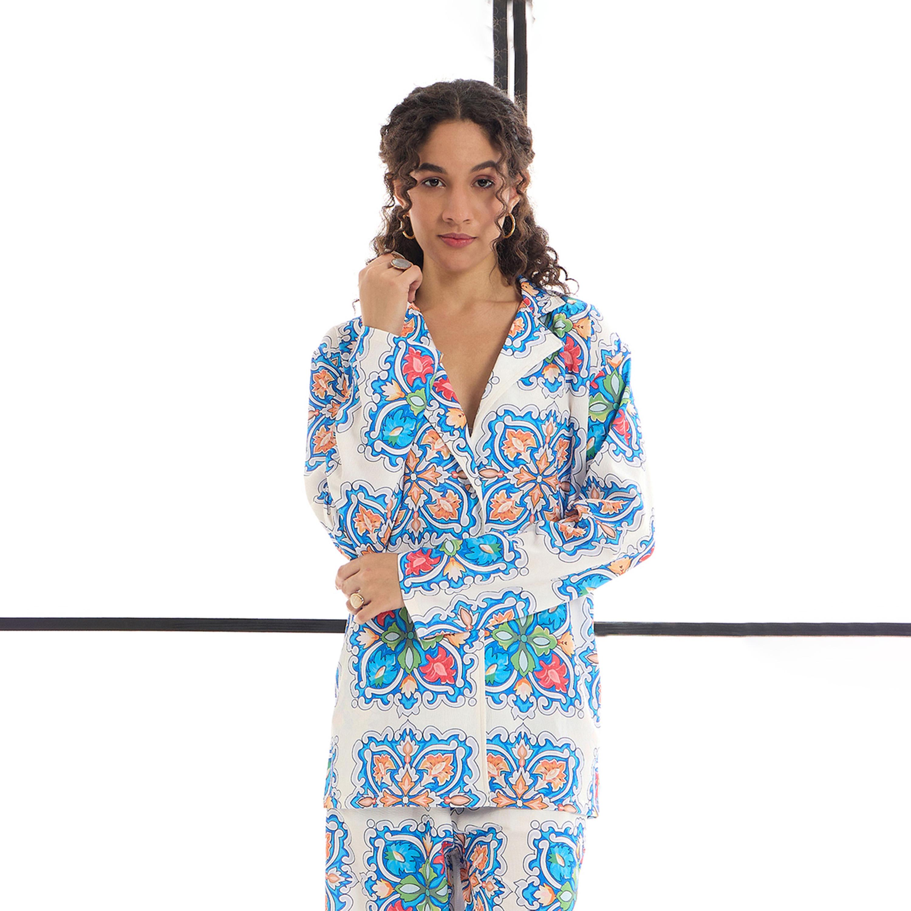 Sassafras X Styli  All Over Tile Print Shirt & Straight Leg Pants Co-Ords-women-clothing-coordsets-image-6
