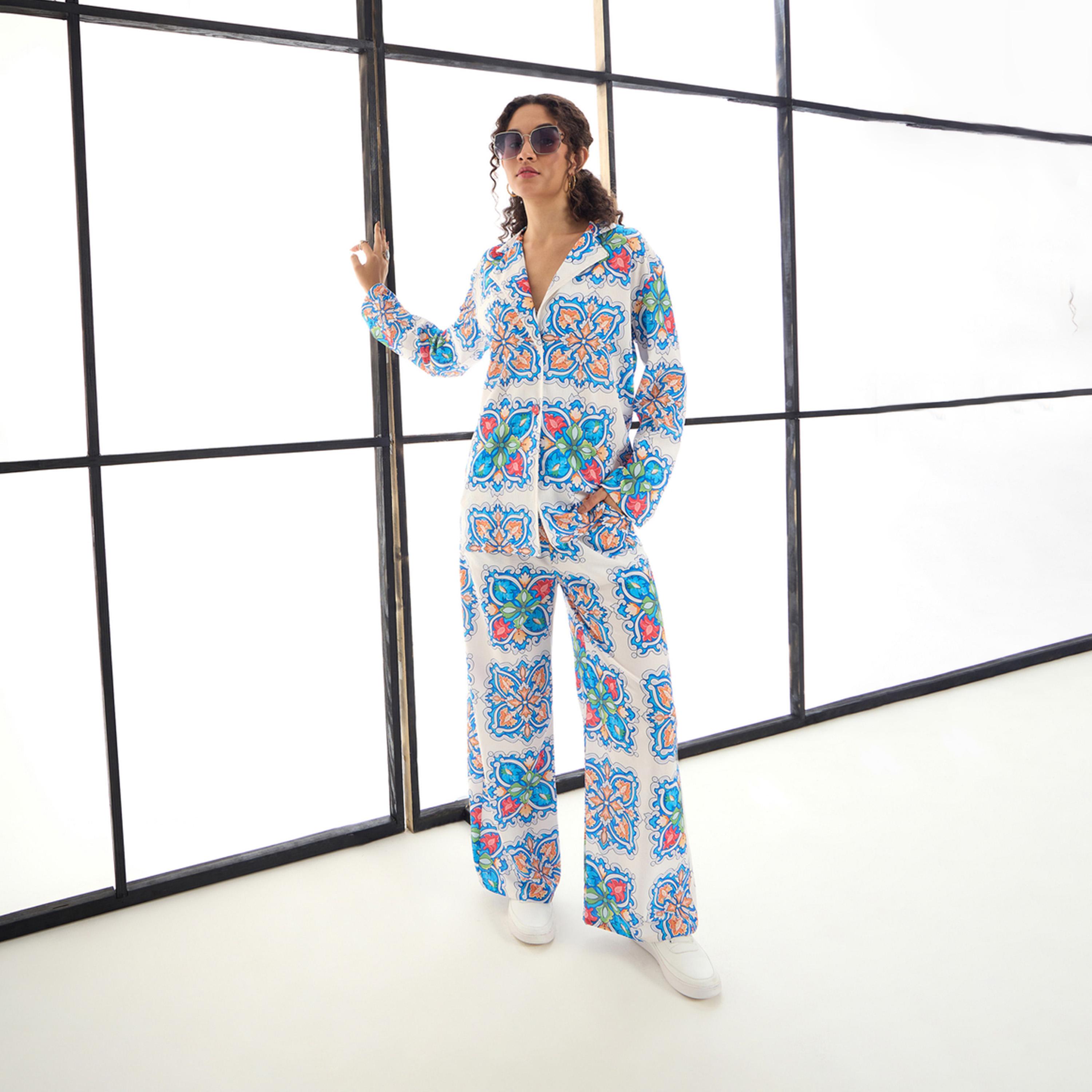 Sassafras X Styli  All Over Tile Print Shirt & Straight Leg Pants Co-Ords-women-clothing-coordsets-image-7