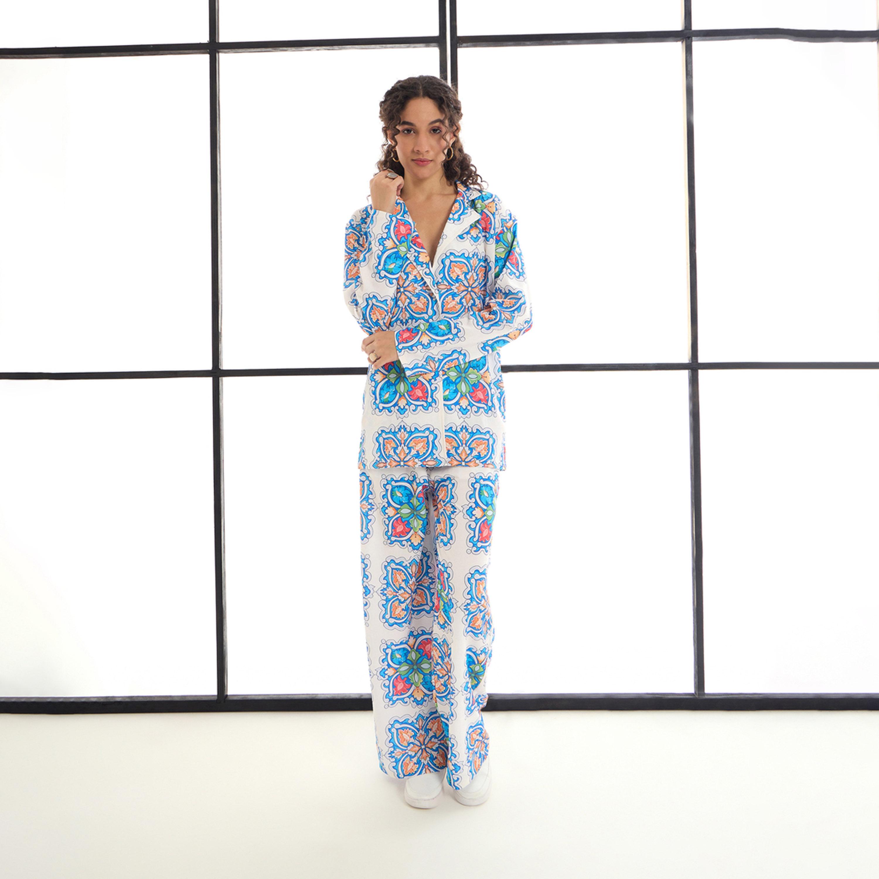 Sassafras X Styli  All Over Tile Print Shirt & Straight Leg Pants Co-Ords-women-clothing-coordsets-image-8