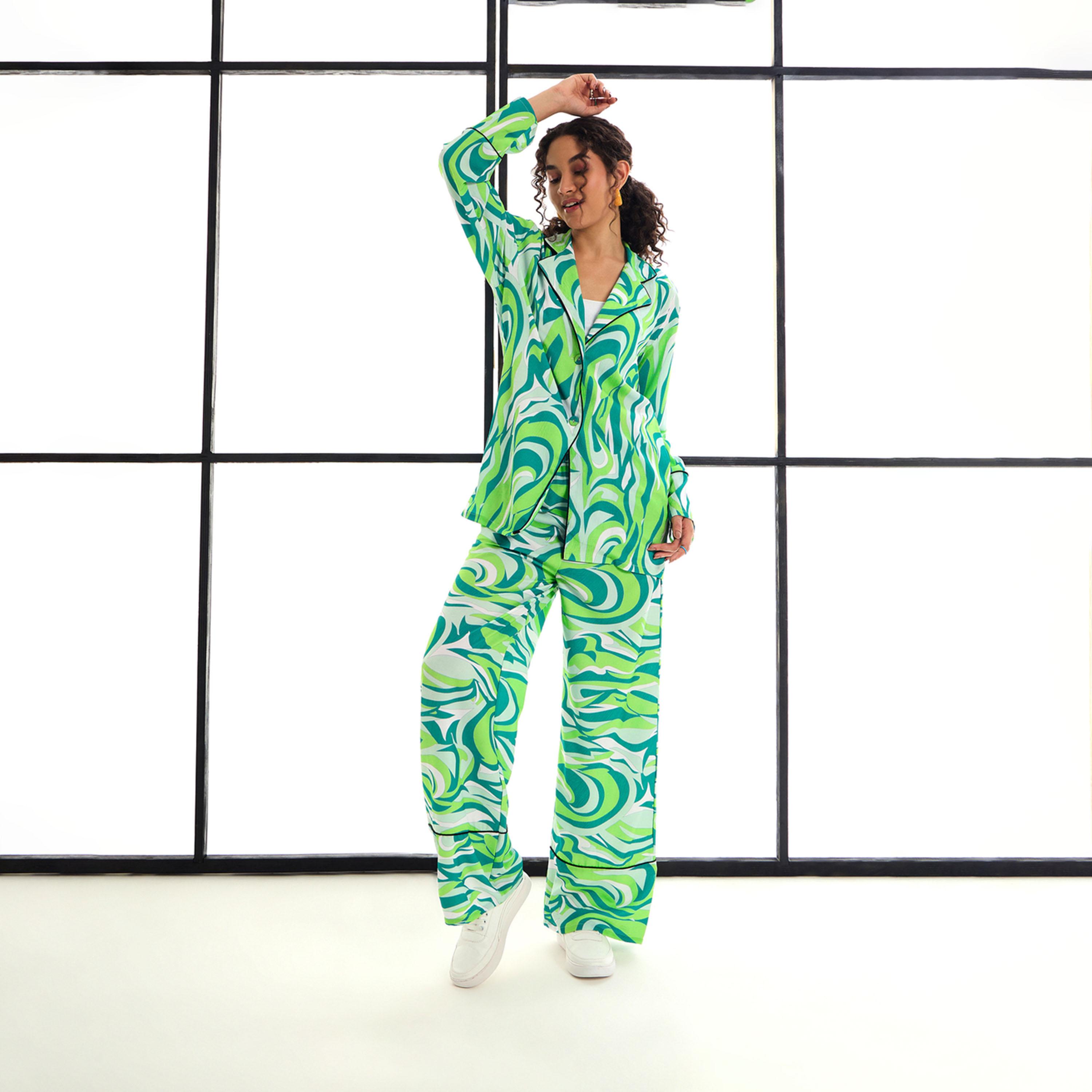 طقم منسق من بنطال وبلوزة بطبعة مجردة ساسافراس × ستايلي-women-clothing-coordsets-image-2