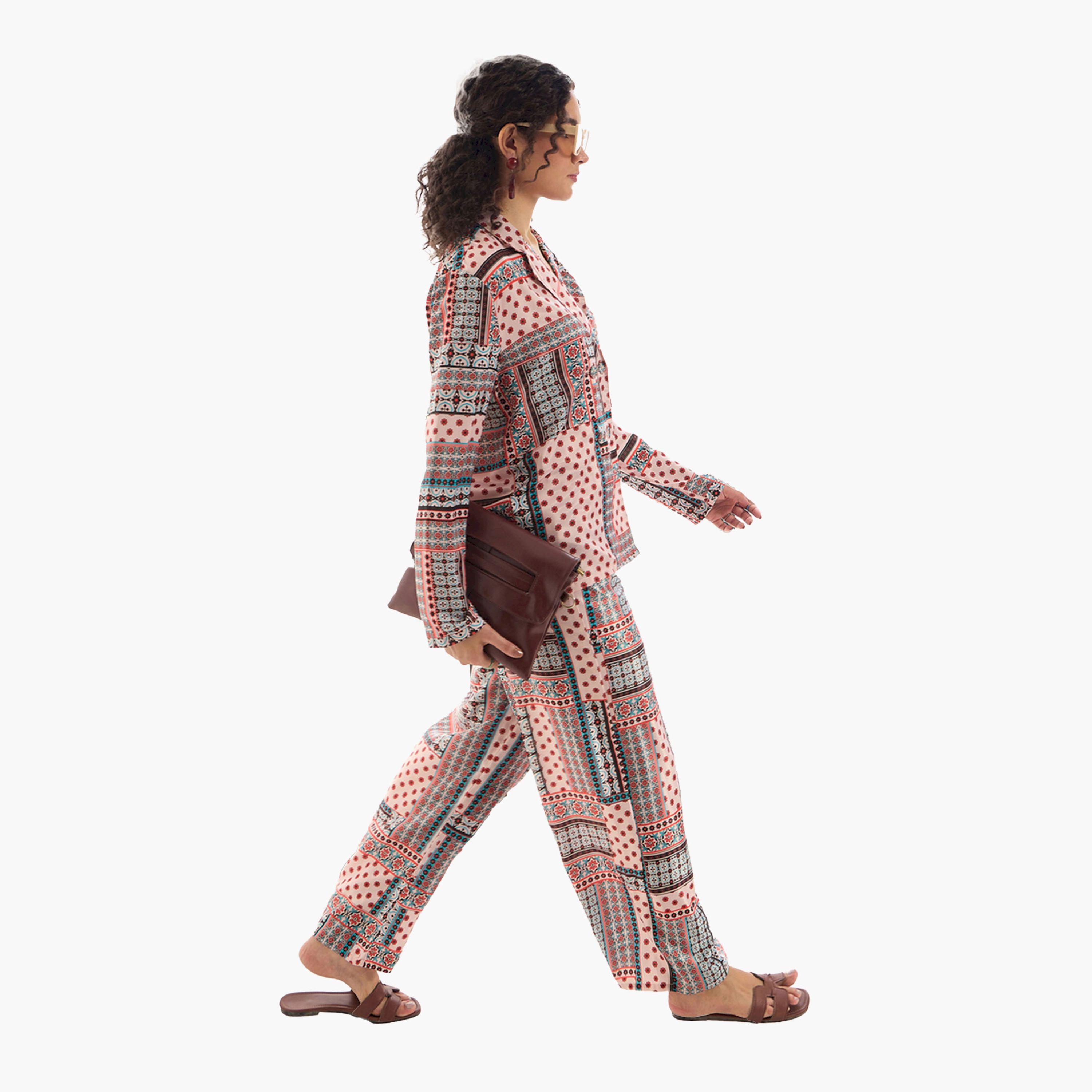 Sassafras X Styli  Geometric Print Shirt & Straight Leg Pants Co-Ords-women-clothing-coordsets-image-1