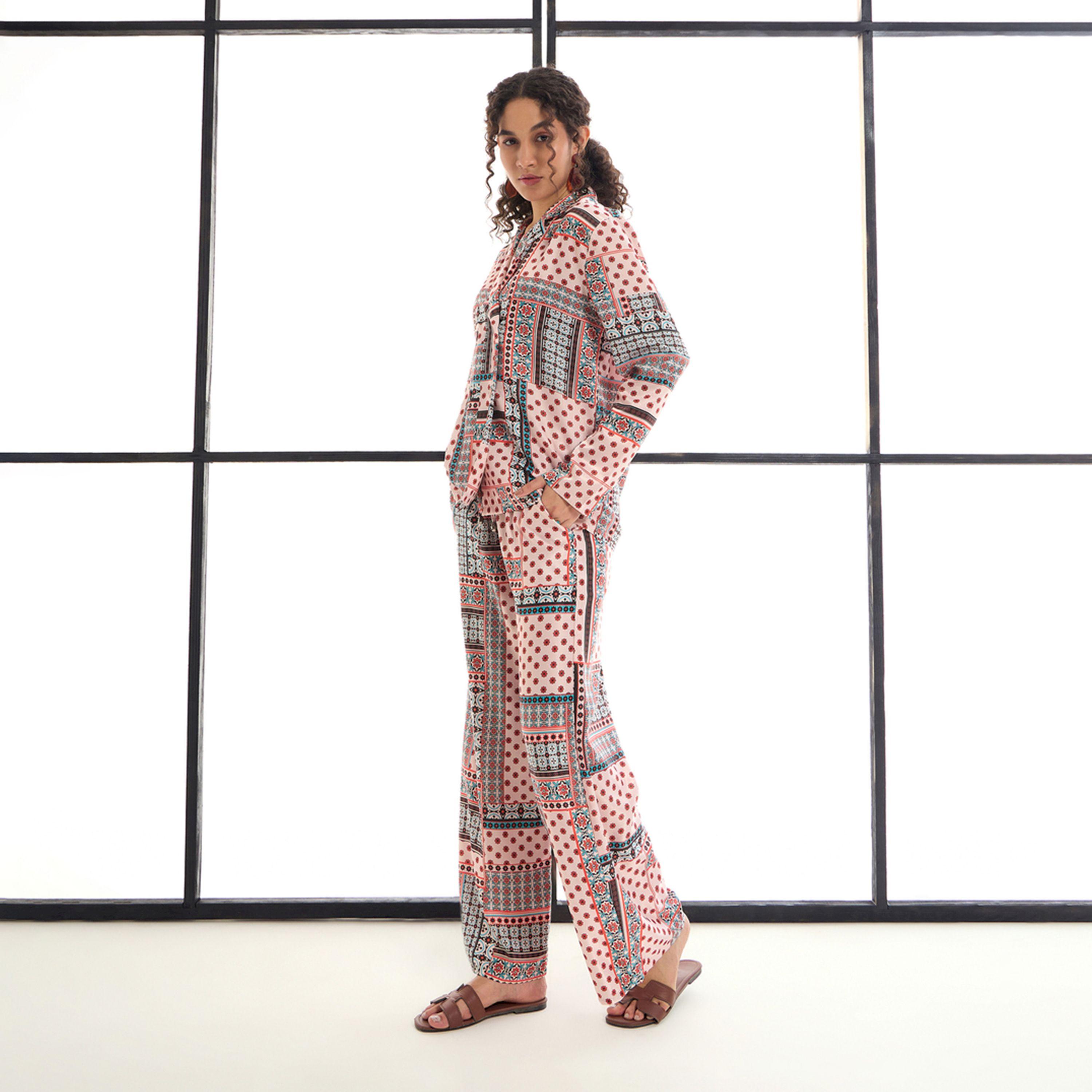 Sassafras X Styli  Geometric Print Shirt & Straight Leg Pants Co-Ords-women-clothing-coordsets-image-3