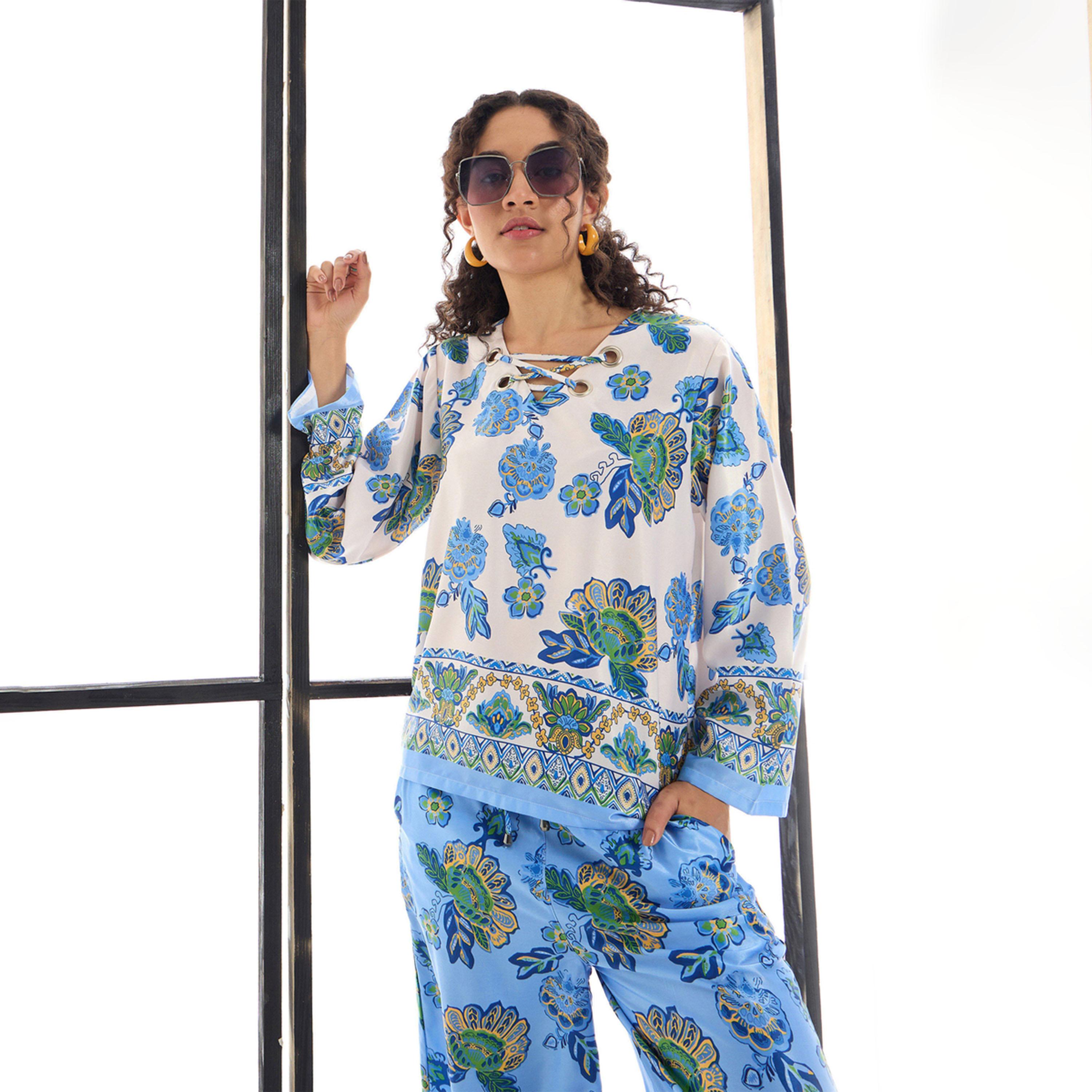 طقم منسق من بنطال وبلوزة بطبعة زهور ساسافراس × ستايلي-women-clothing-coordsets-image-1