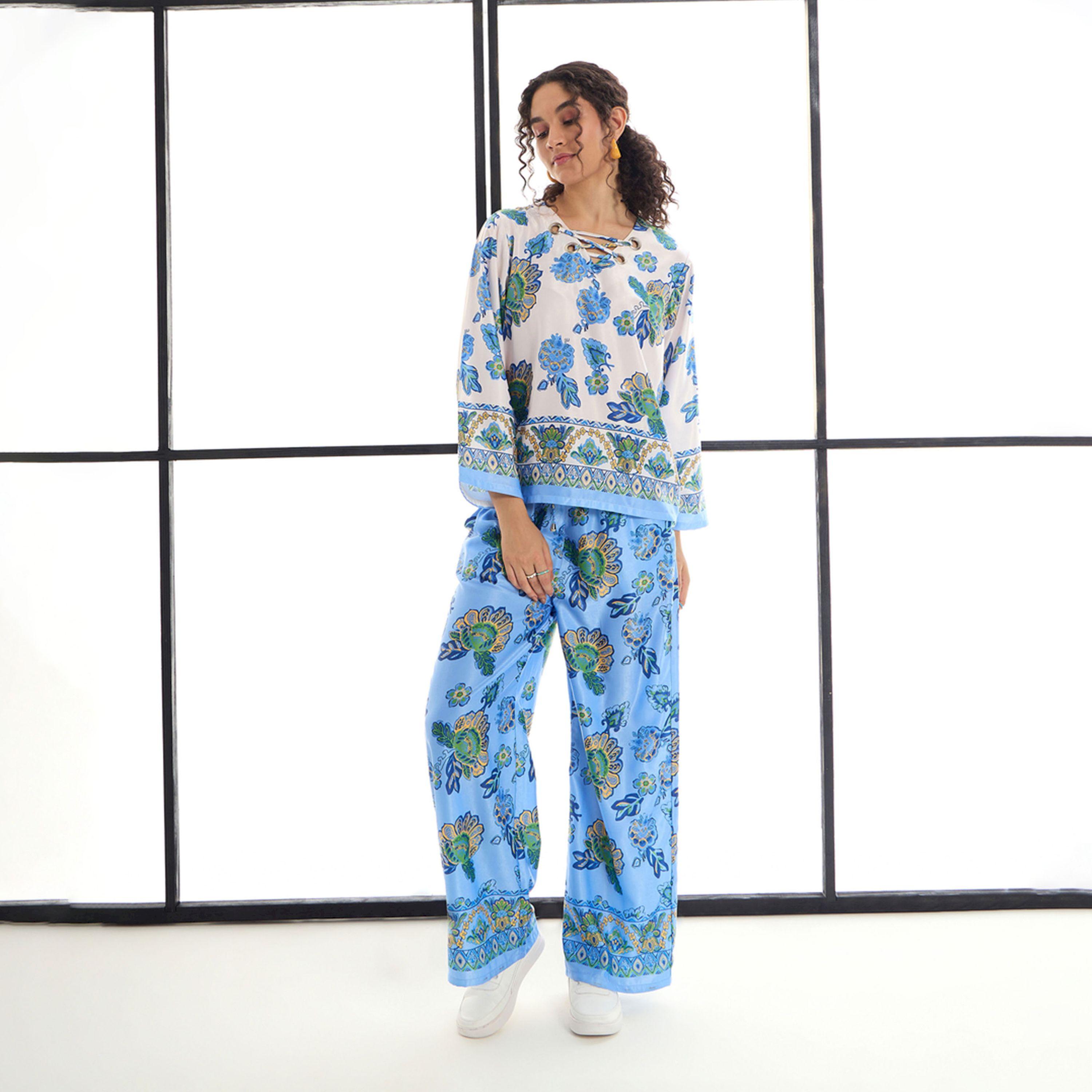 طقم منسق من بنطال وبلوزة بطبعة زهور ساسافراس × ستايلي-women-clothing-coordsets-image-2