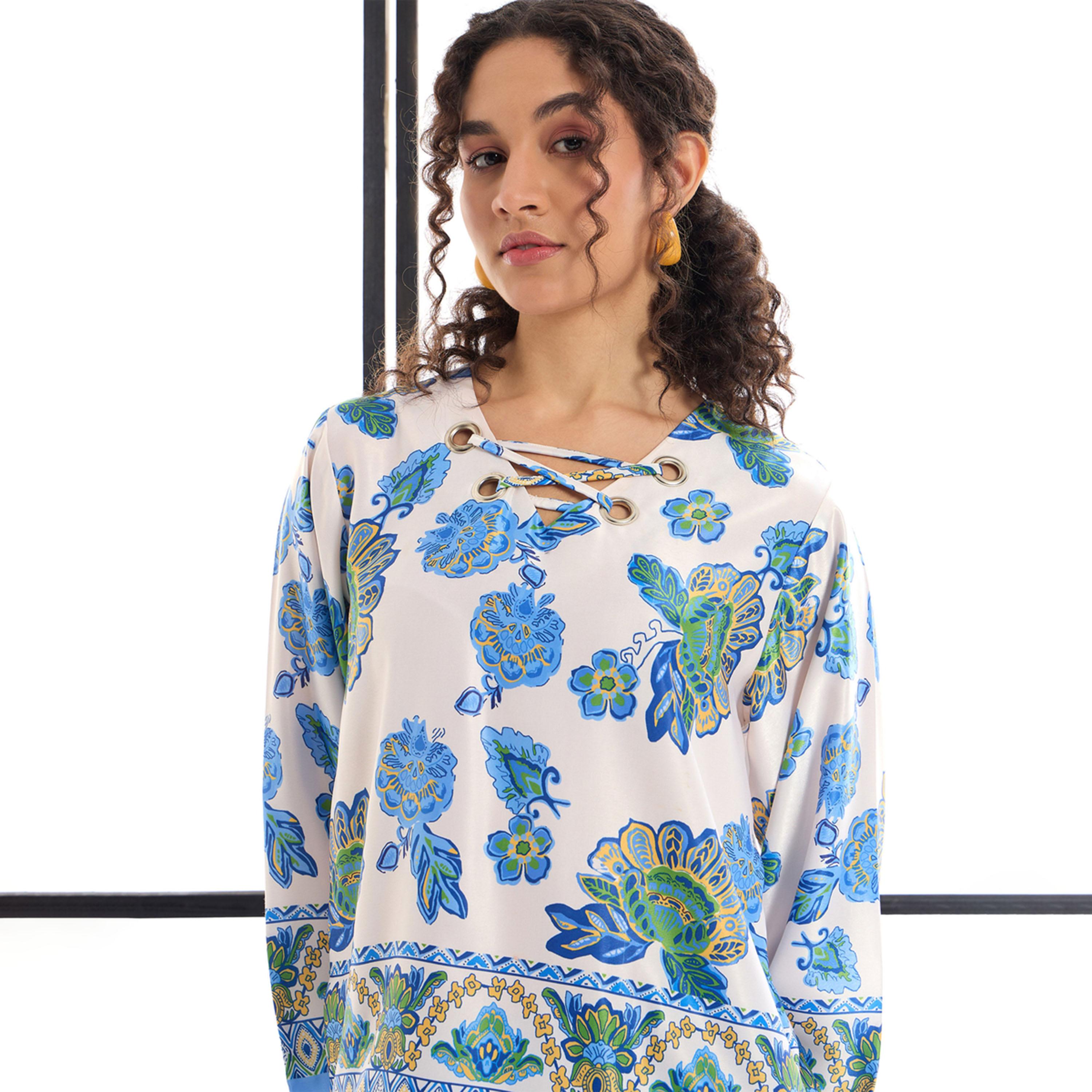 طقم منسق من بنطال وبلوزة بطبعة زهور ساسافراس × ستايلي-women-clothing-coordsets-image-4